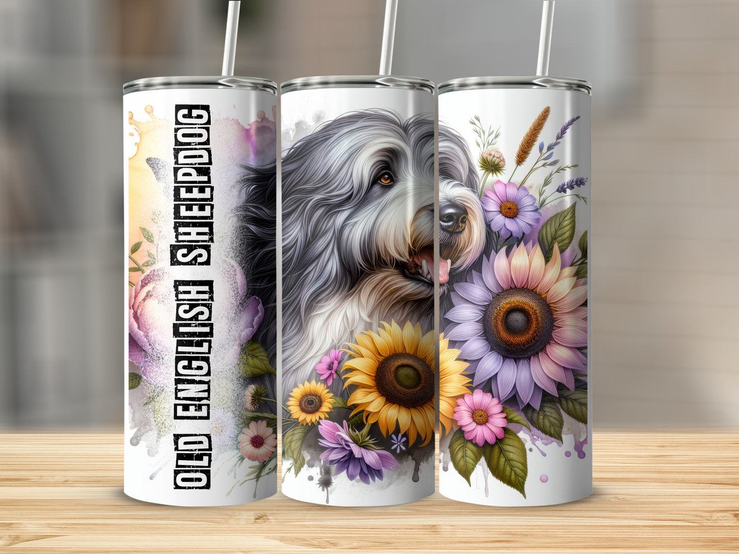 Three Old English Sheepdog tumblers with floral accents and watercolor splashes.