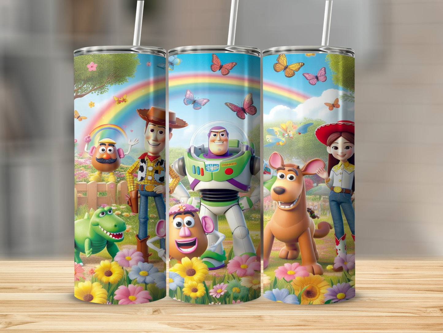 Toy Story characters Buzz Lightyear, Woody, Mr. Potato Head, and Slinky Dog in a vibrant outdoor scene.