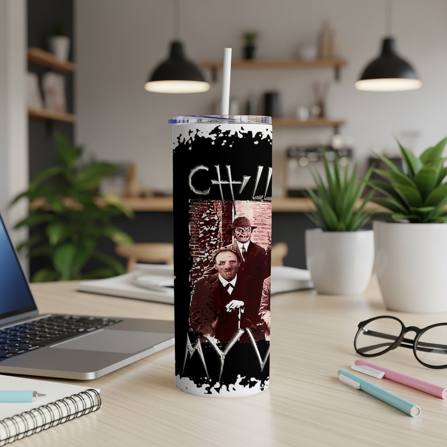 Tall tumbler with "CHILLY" text and two vintage figures.