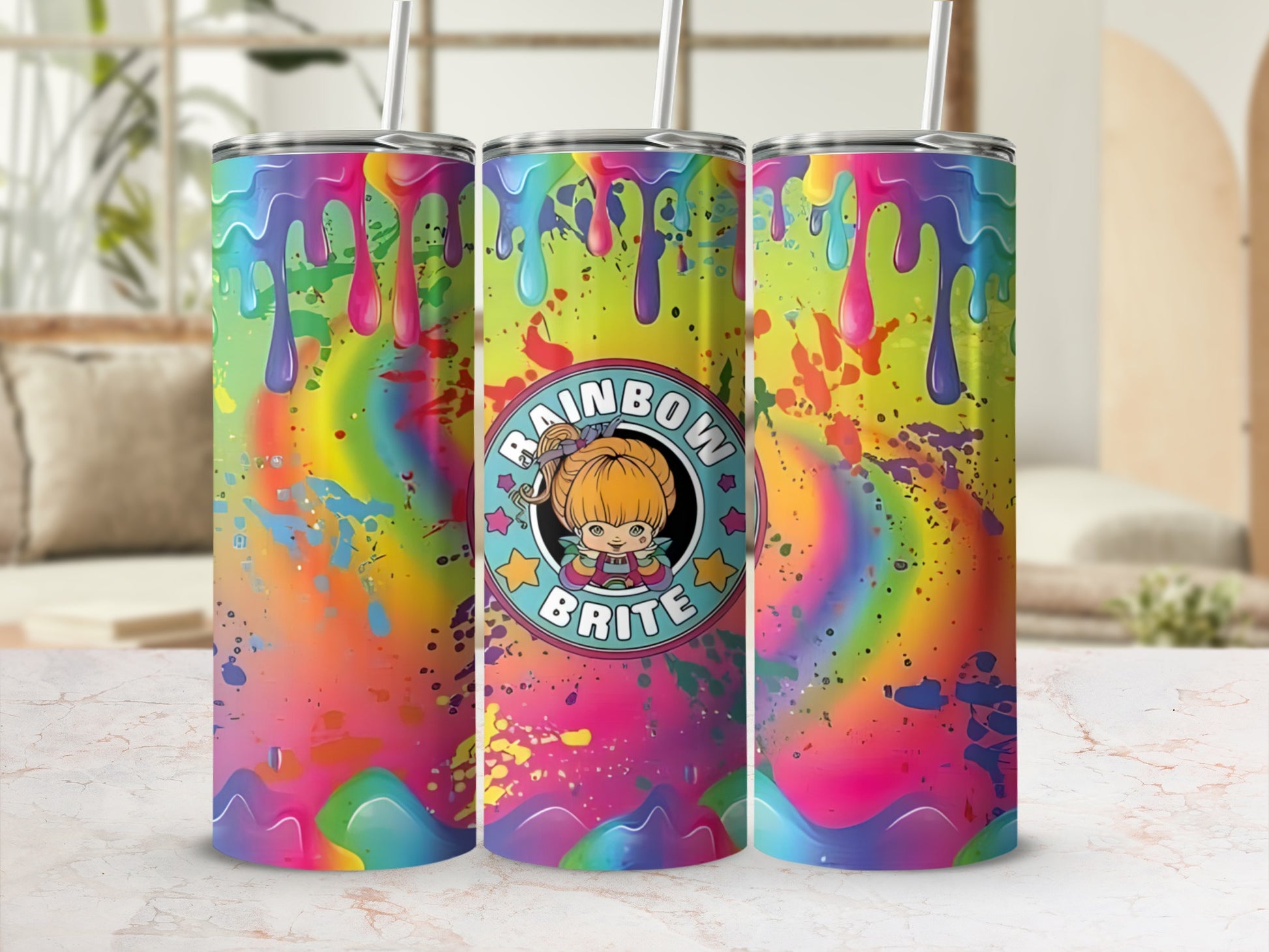 Rainbow Brite tumbler with colorful paint splatter and drizzles.