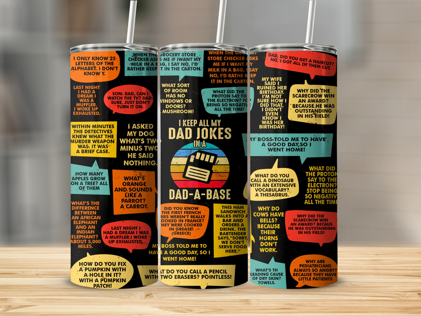 Tumbling metal tumbler with dad jokes and speech bubble designs.