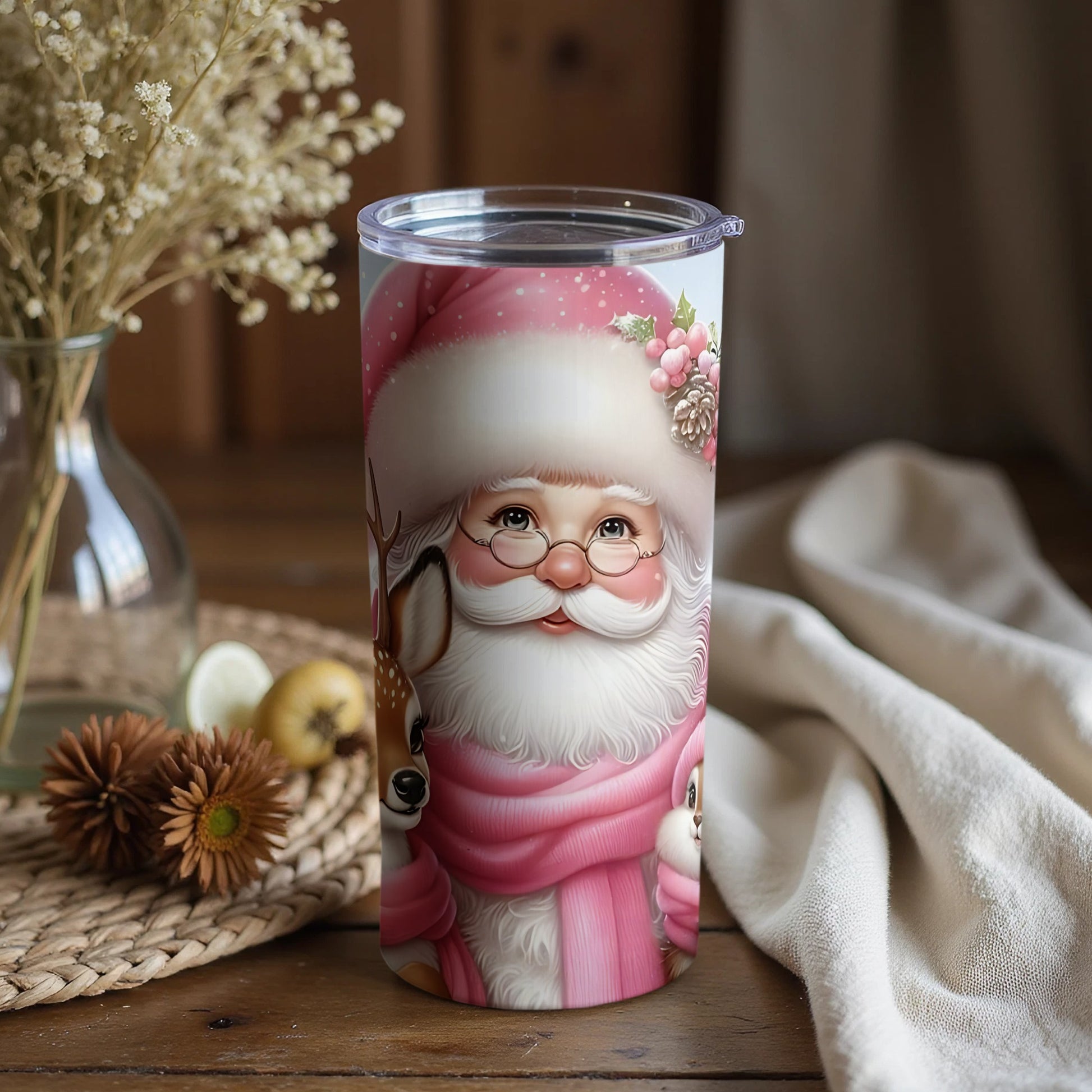 Festive Santa Claus Pink Tumbler with Adorable Animals