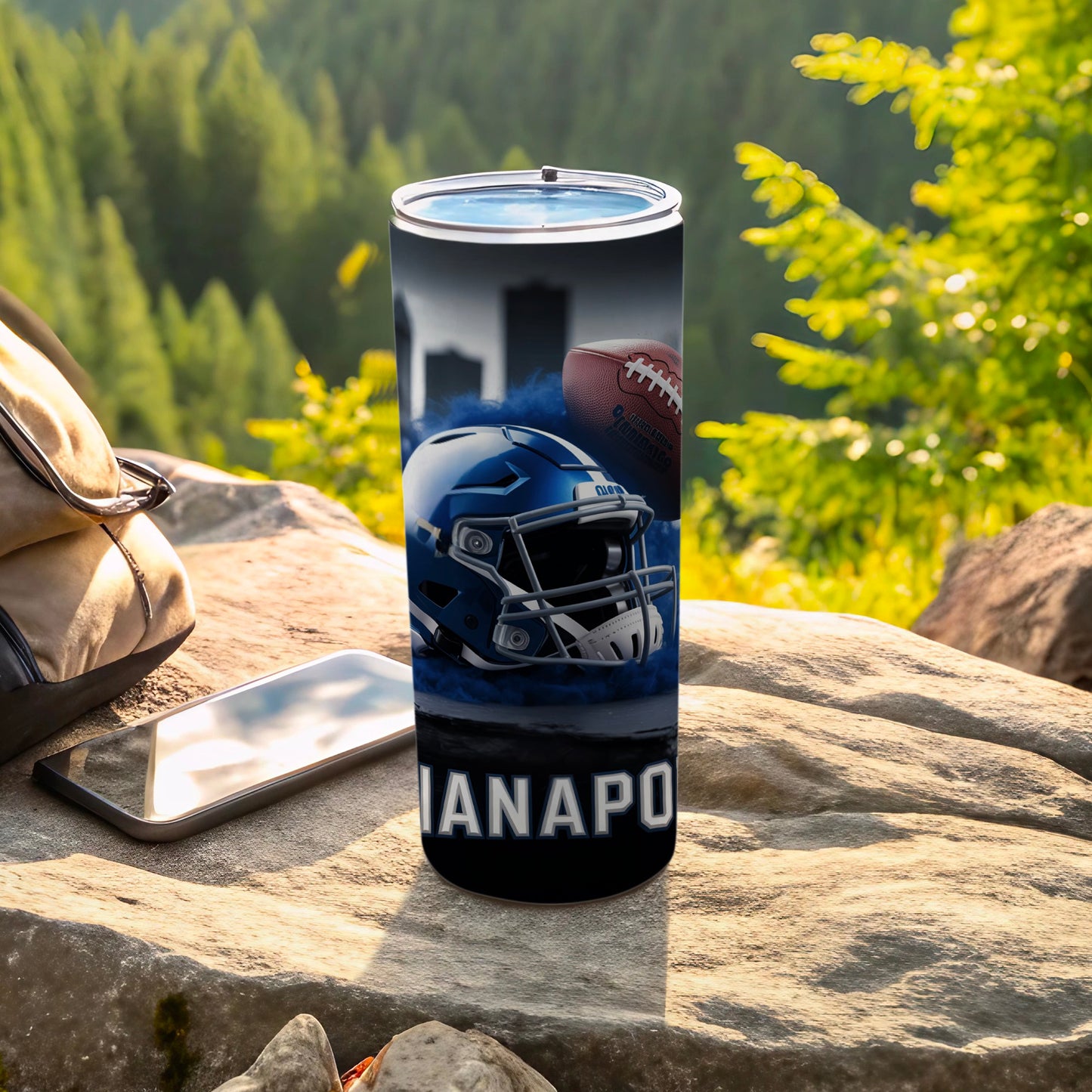 Blue Indianapolis Colts helmet and football on a tumbler.