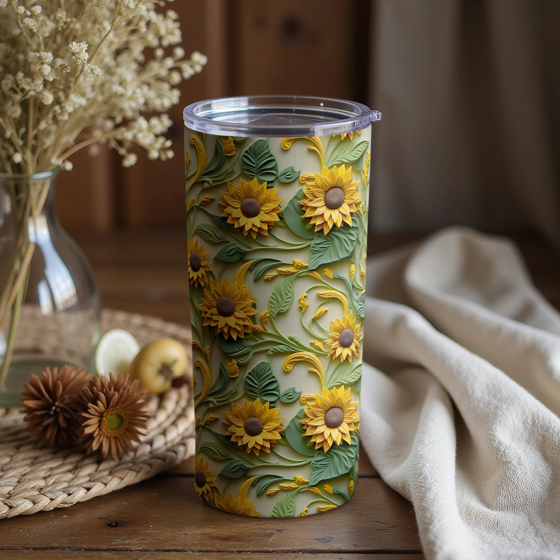 Sunflower Patterned Insulated Travel Tumbler Cup