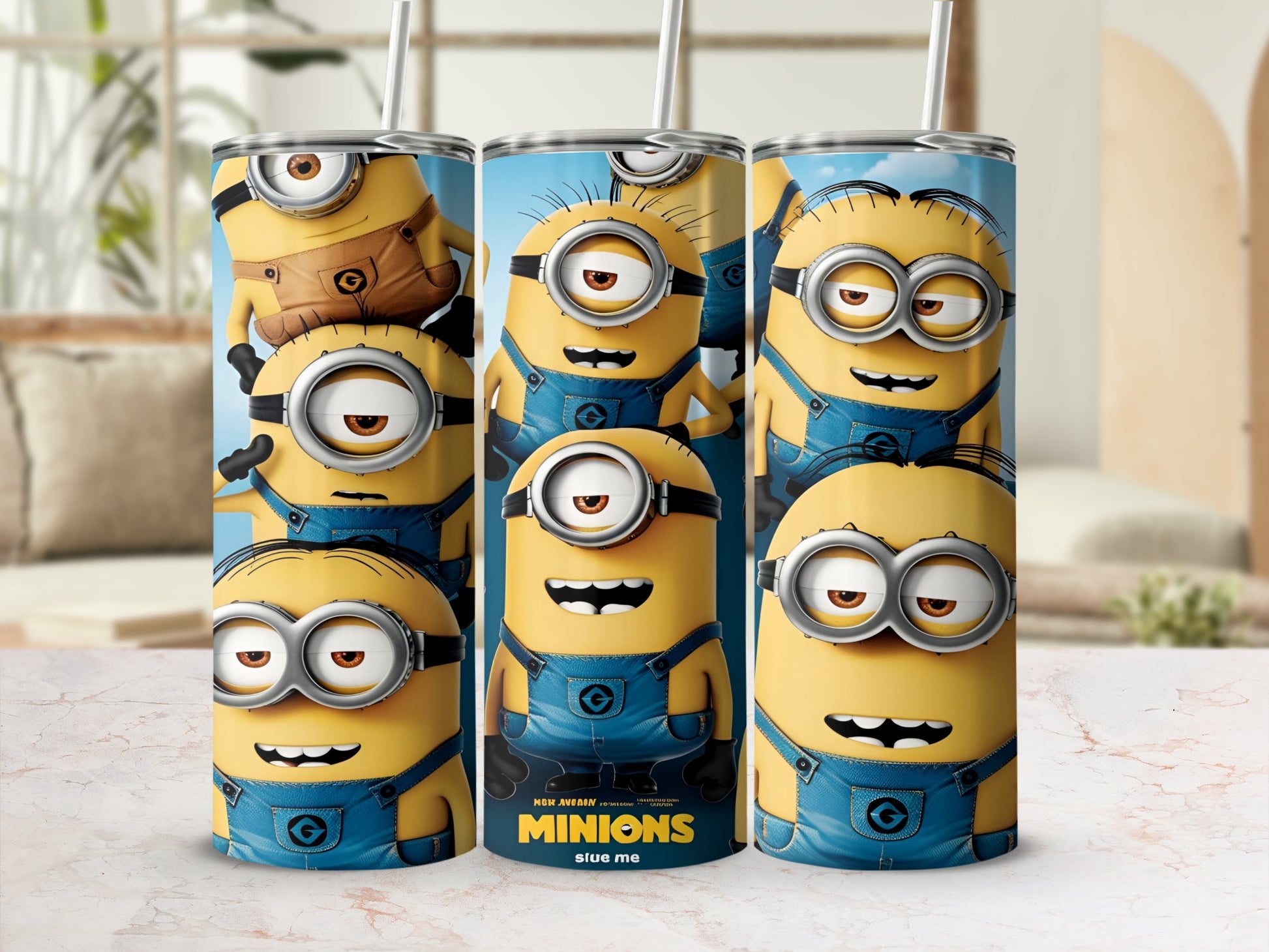Three Minions from Despicable Me stand on a blue background with "MINIONS glue me" text.