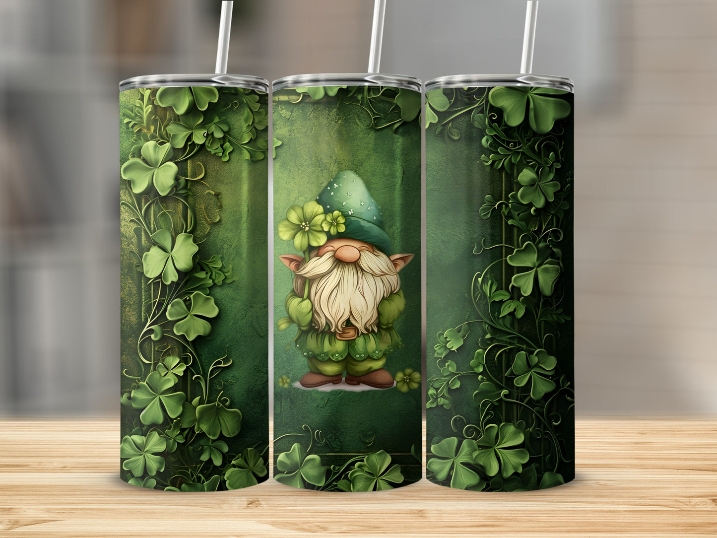 Green gnome with shamrocks and flowers on a tumbler.