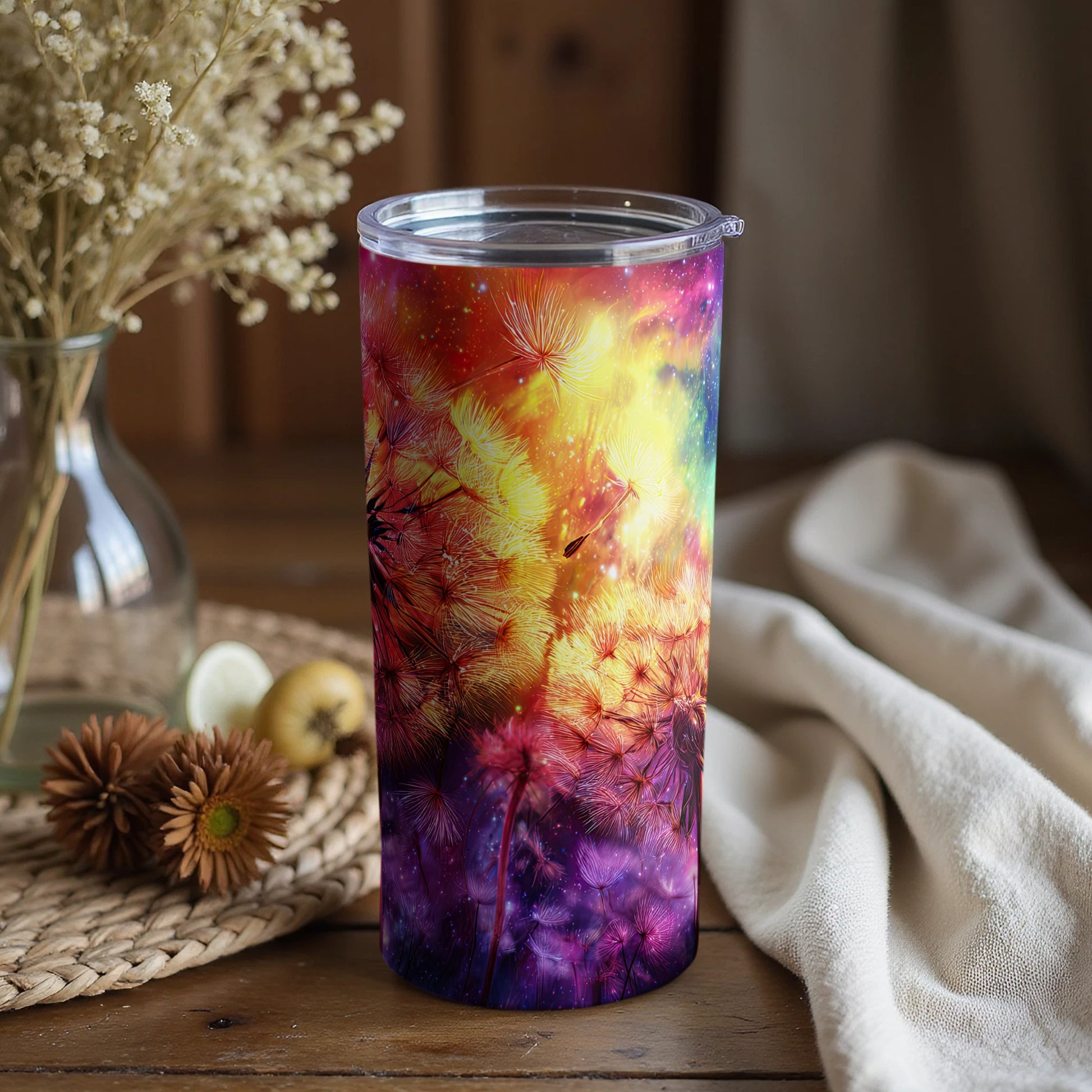 Colorful Dandelion Artwork on Tumbler