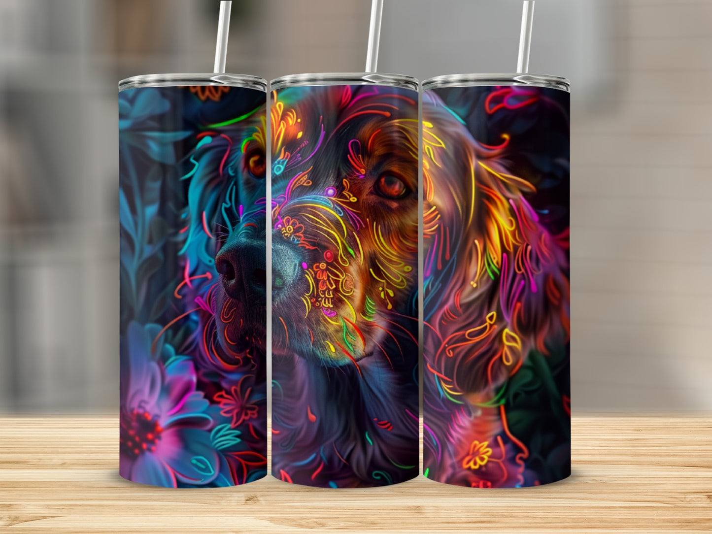 Colorful, neon floral pattern on a dog's face adorns three tumblers.