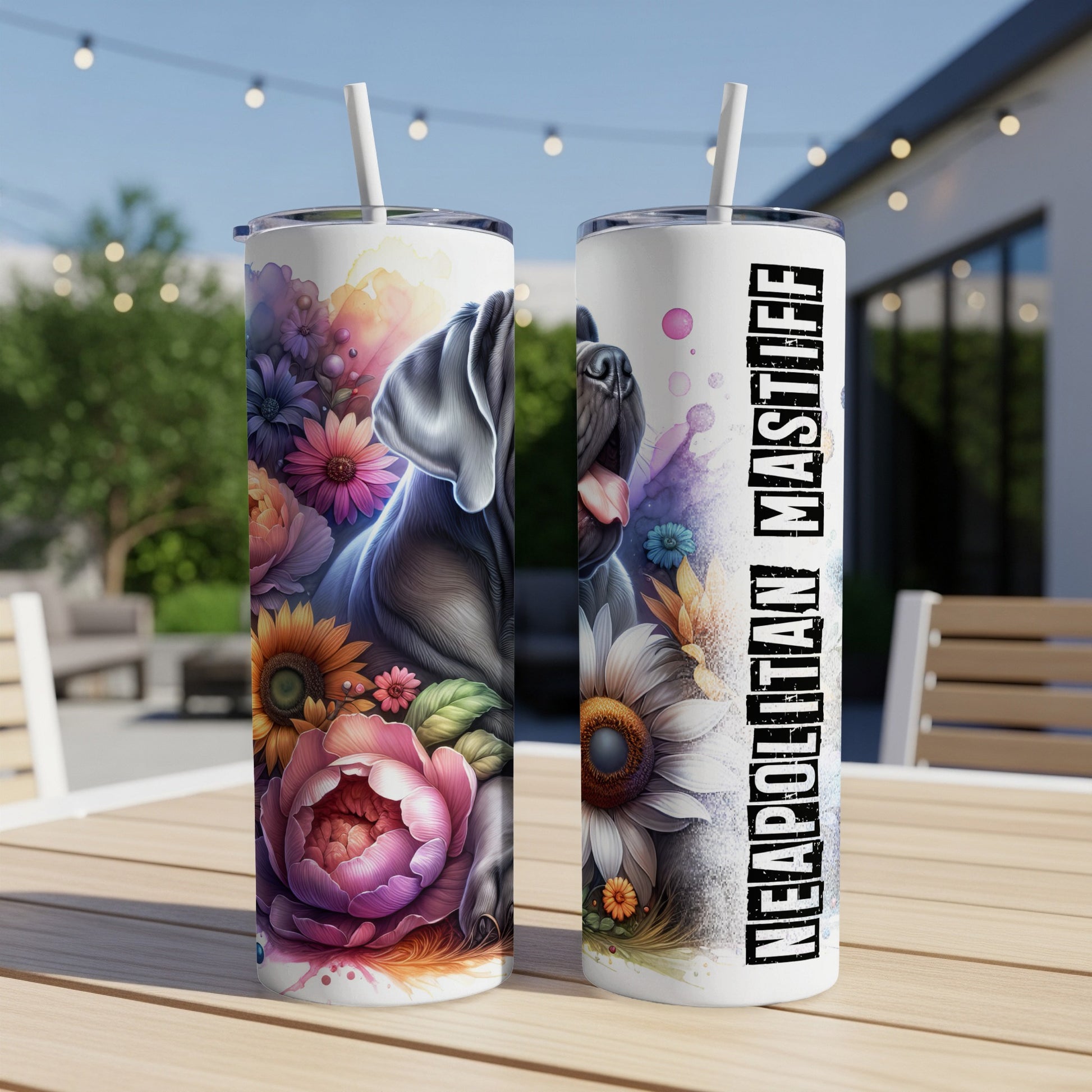 Neapolitan Mastiff portrait with colorful flowers on a tumbler.