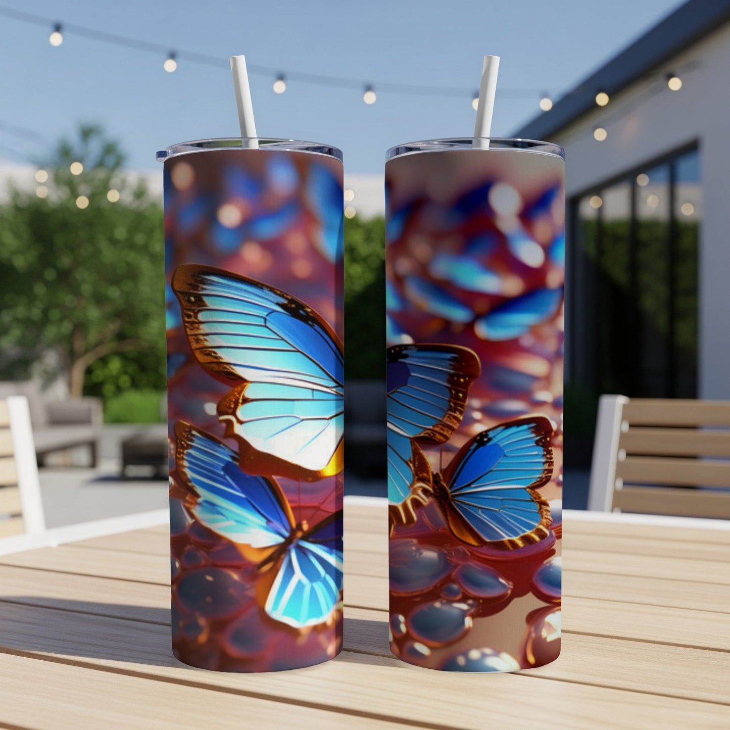 Two tumblers with blue butterflies and iridescent circles on a wooden table.
