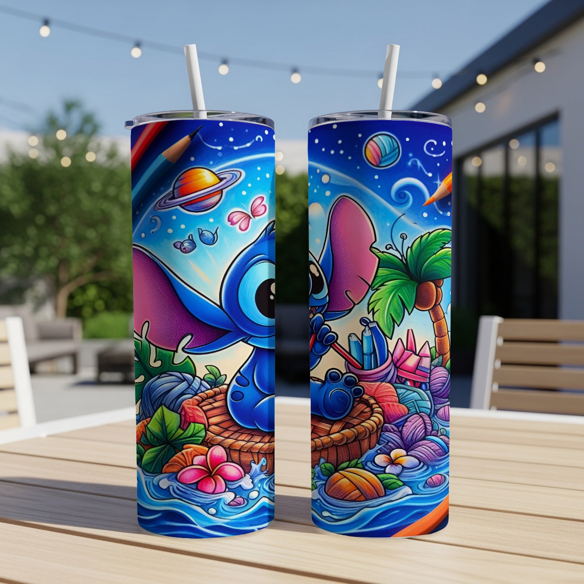Stitch illustration on two tumblers with tropical and outer space elements.