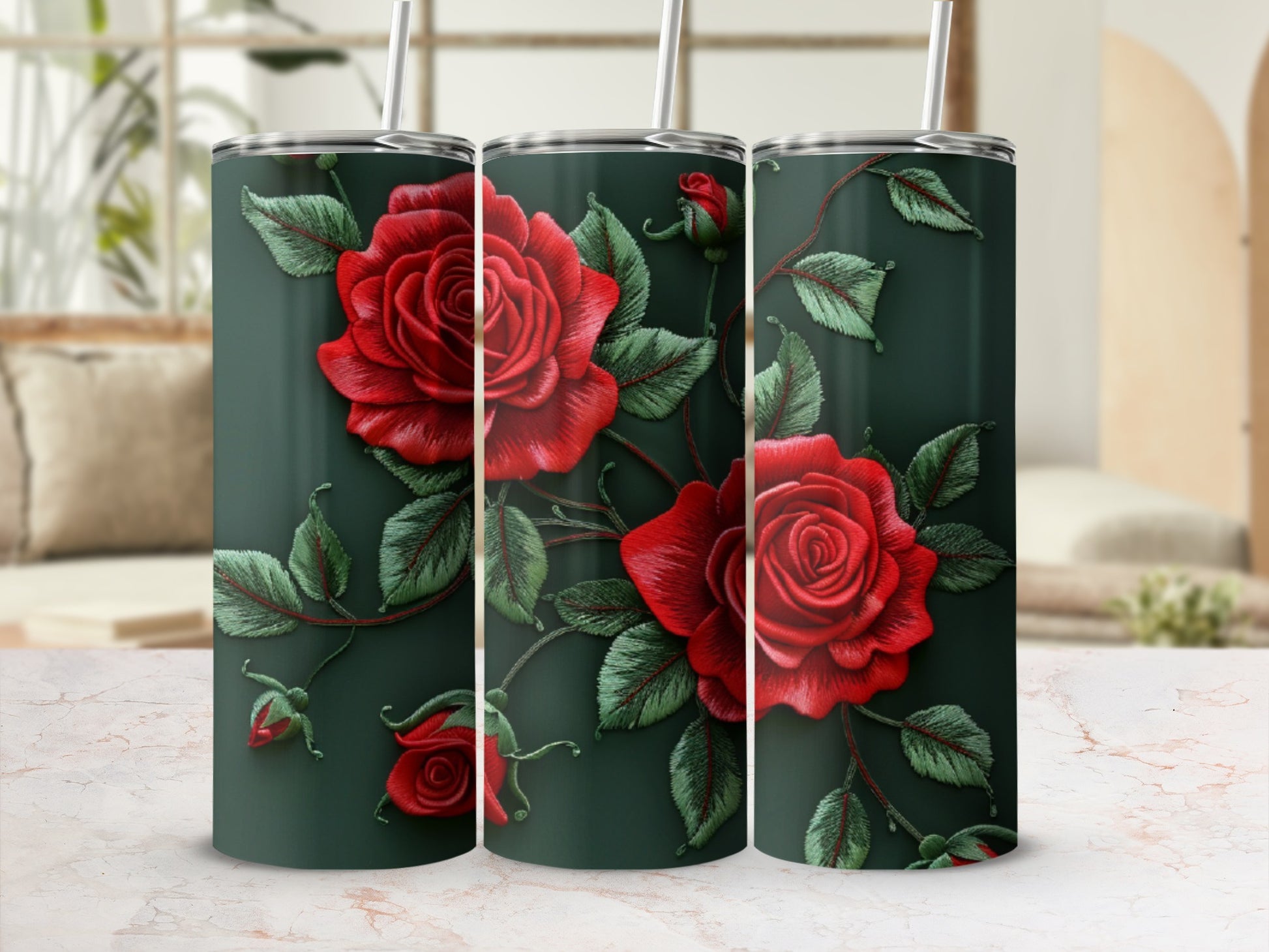 Dark green tumbler with red embroidered roses and leaves.