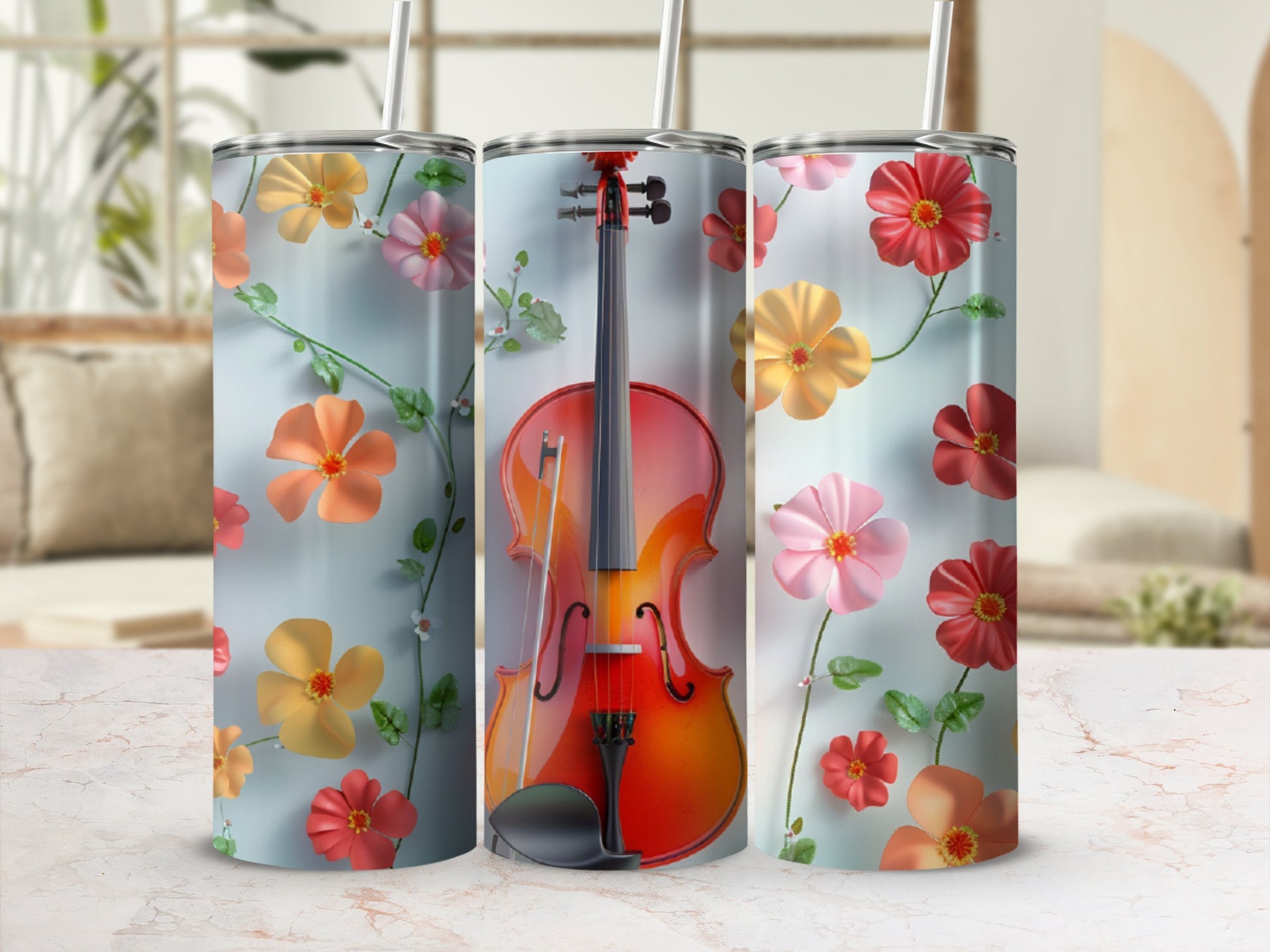Tumbler with violin and colorful floral pattern.