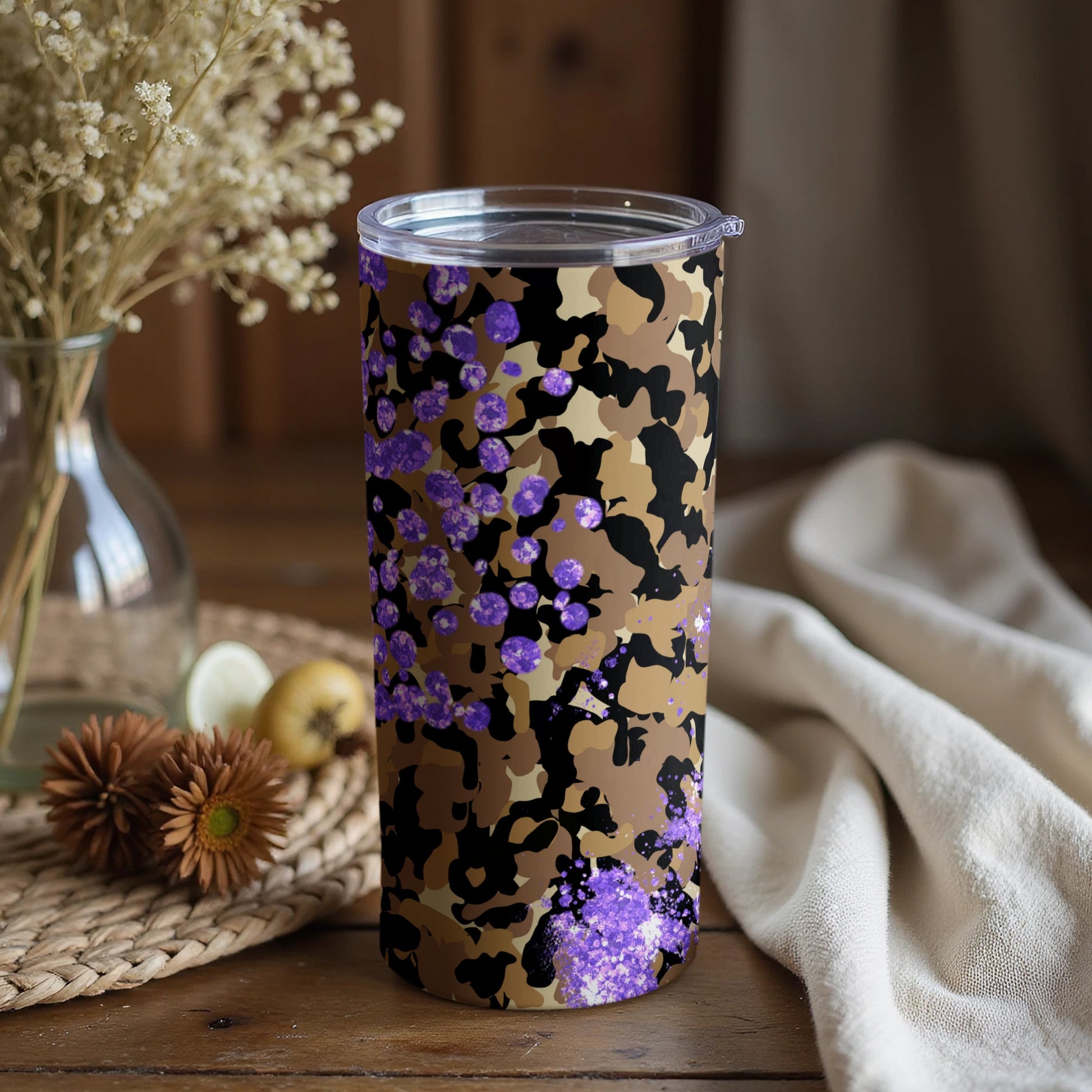 Camouflage and Floral Design Tumbler with Lid