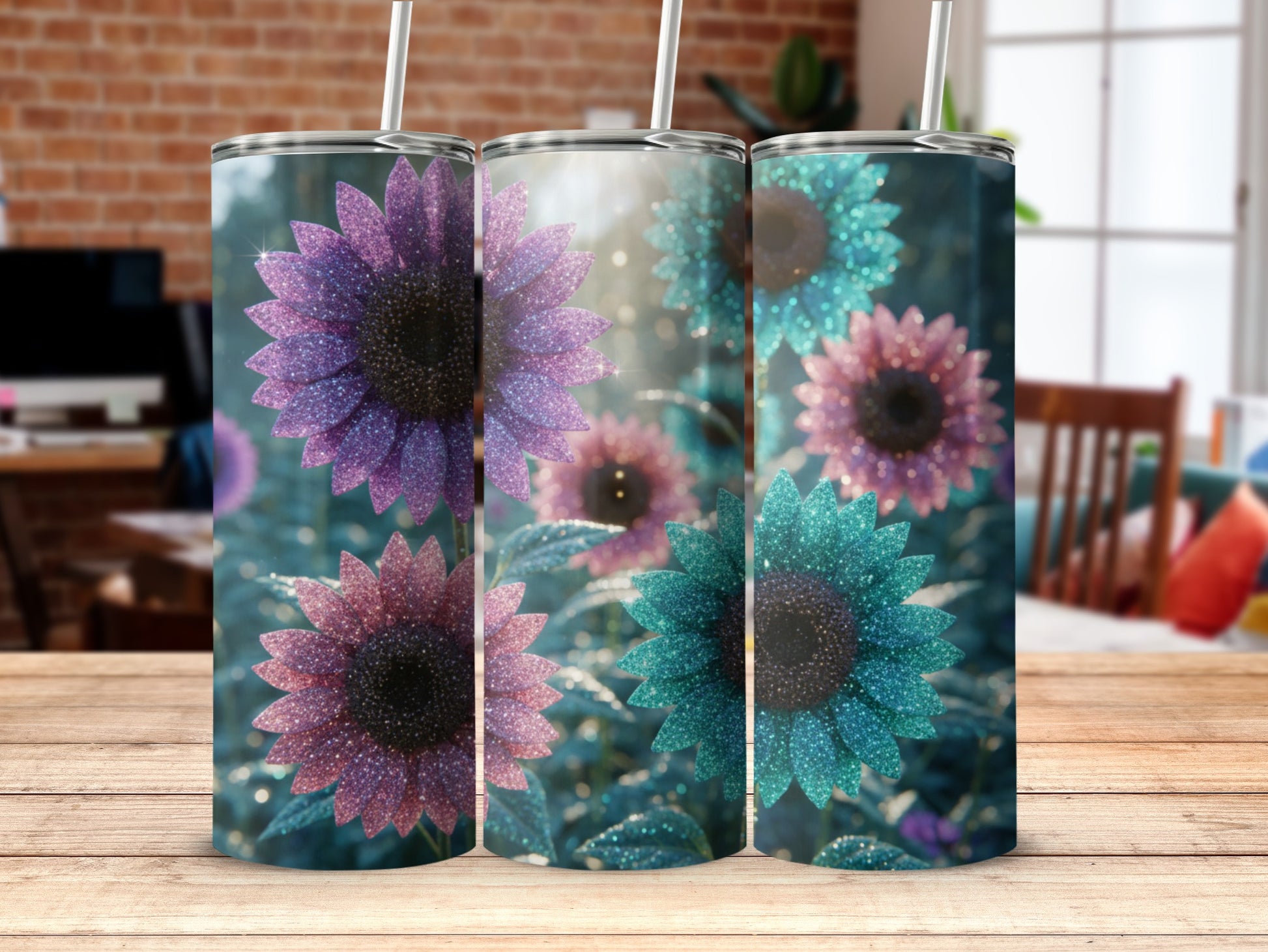 Beautiful Colorful Sunflower Tumblers with Straw