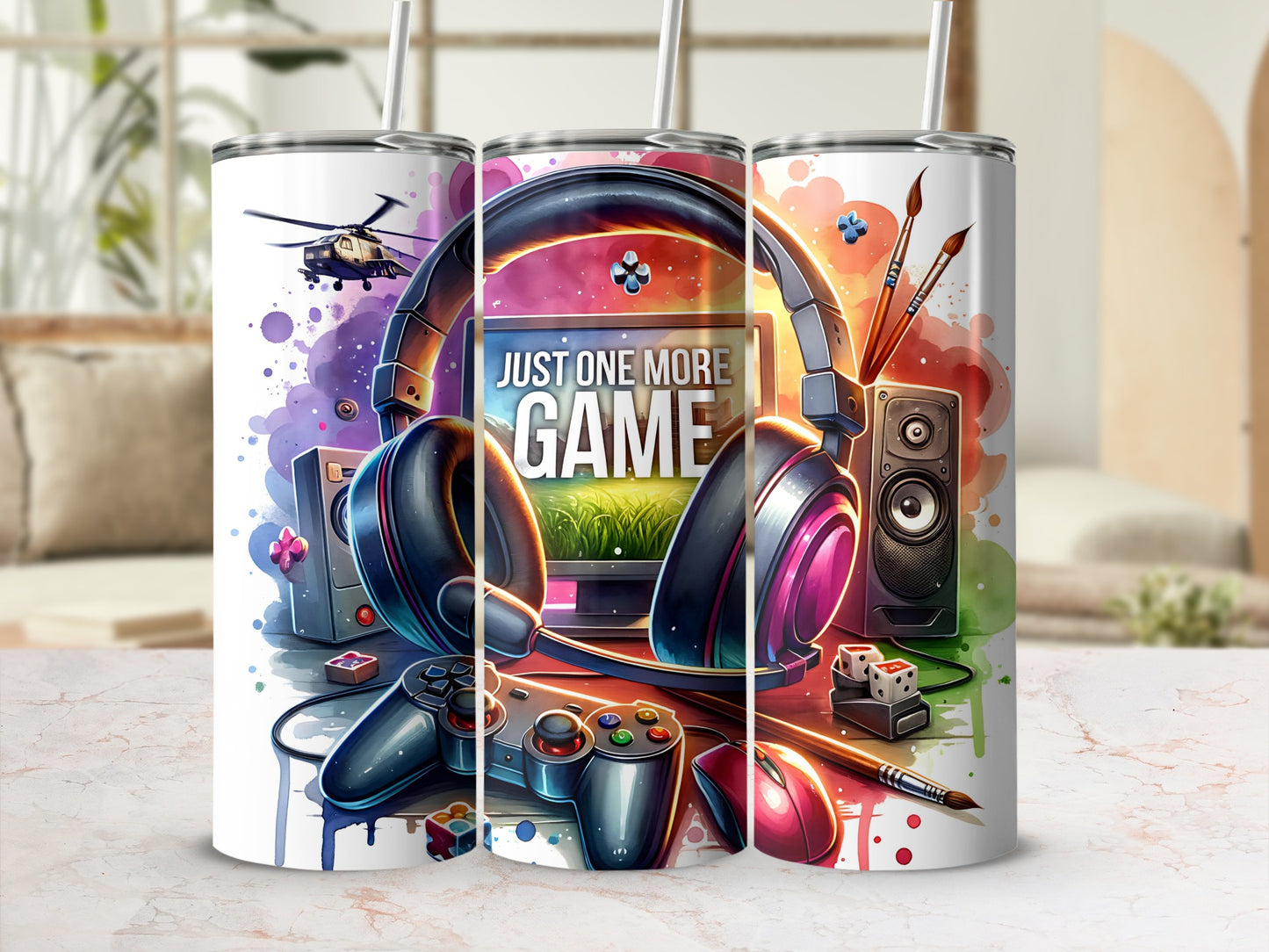 Gaming tumbler with headphones, controller, mouse, and dice art.