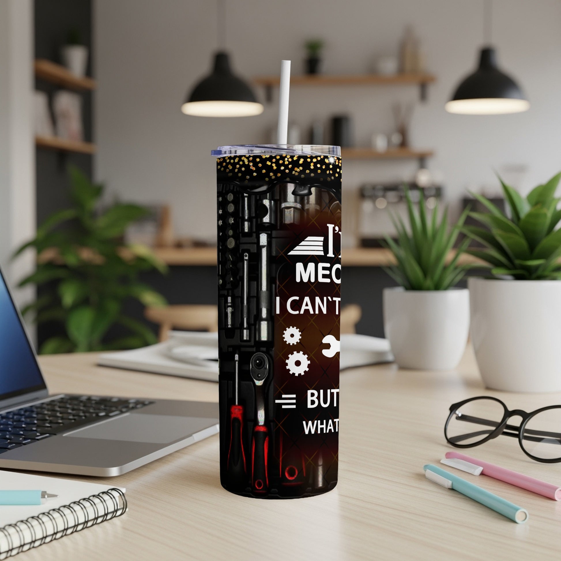 Mechanic tumbler with tools and text "I can't fix stupid".
