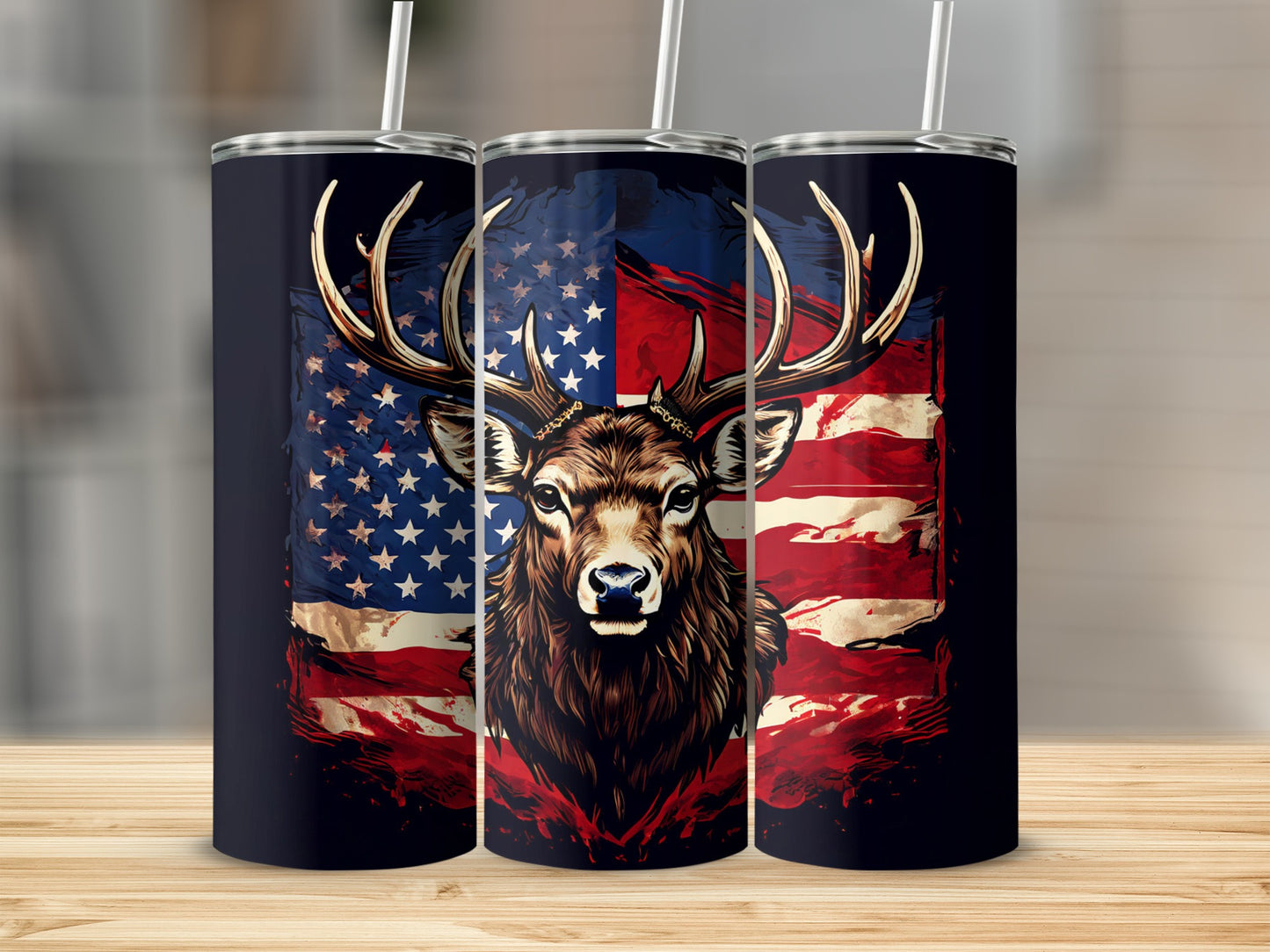 Deer head superimposed on an American flag design on a dark tumbler.