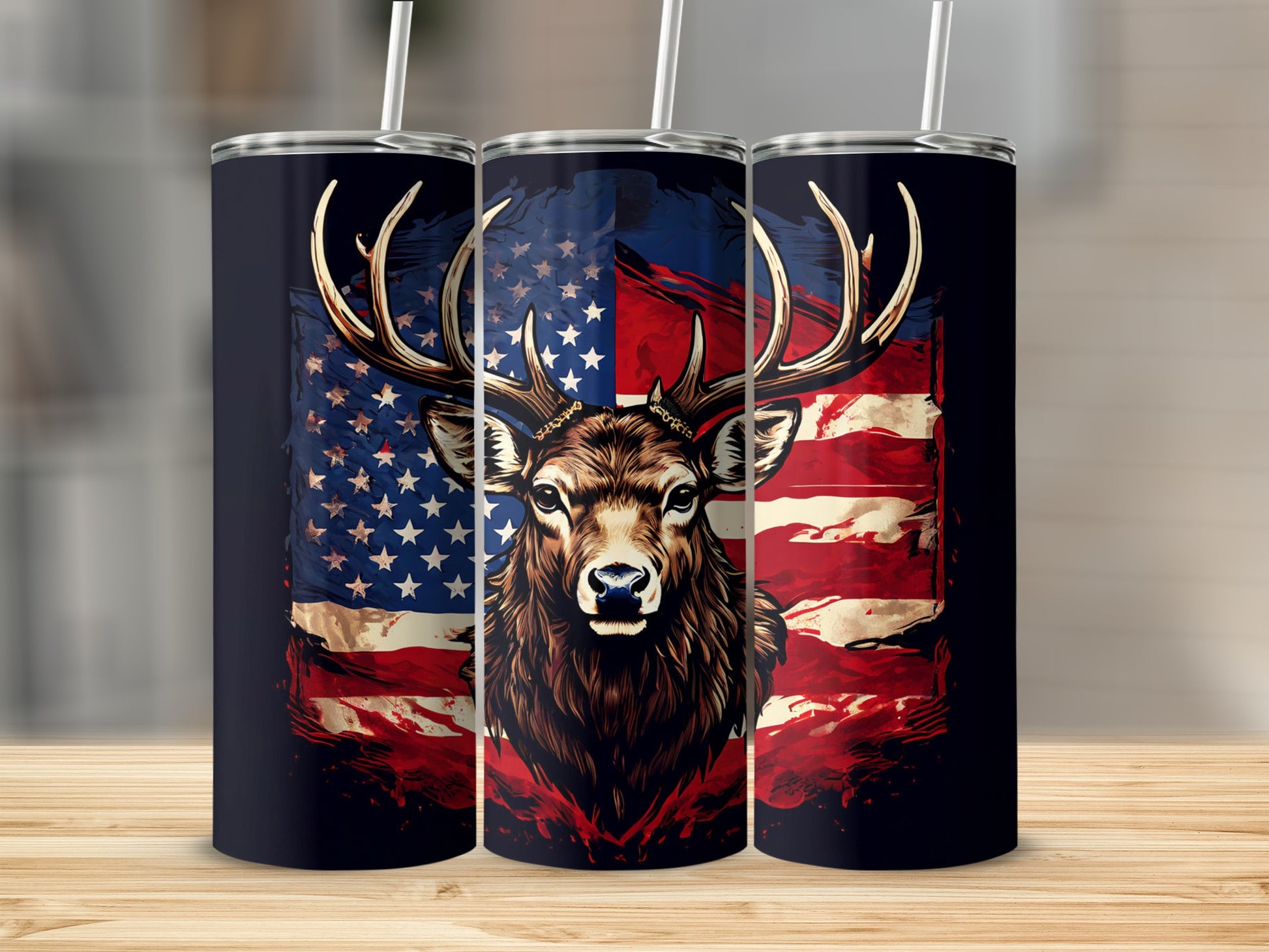 Deer head superimposed on an American flag design on a dark tumbler.