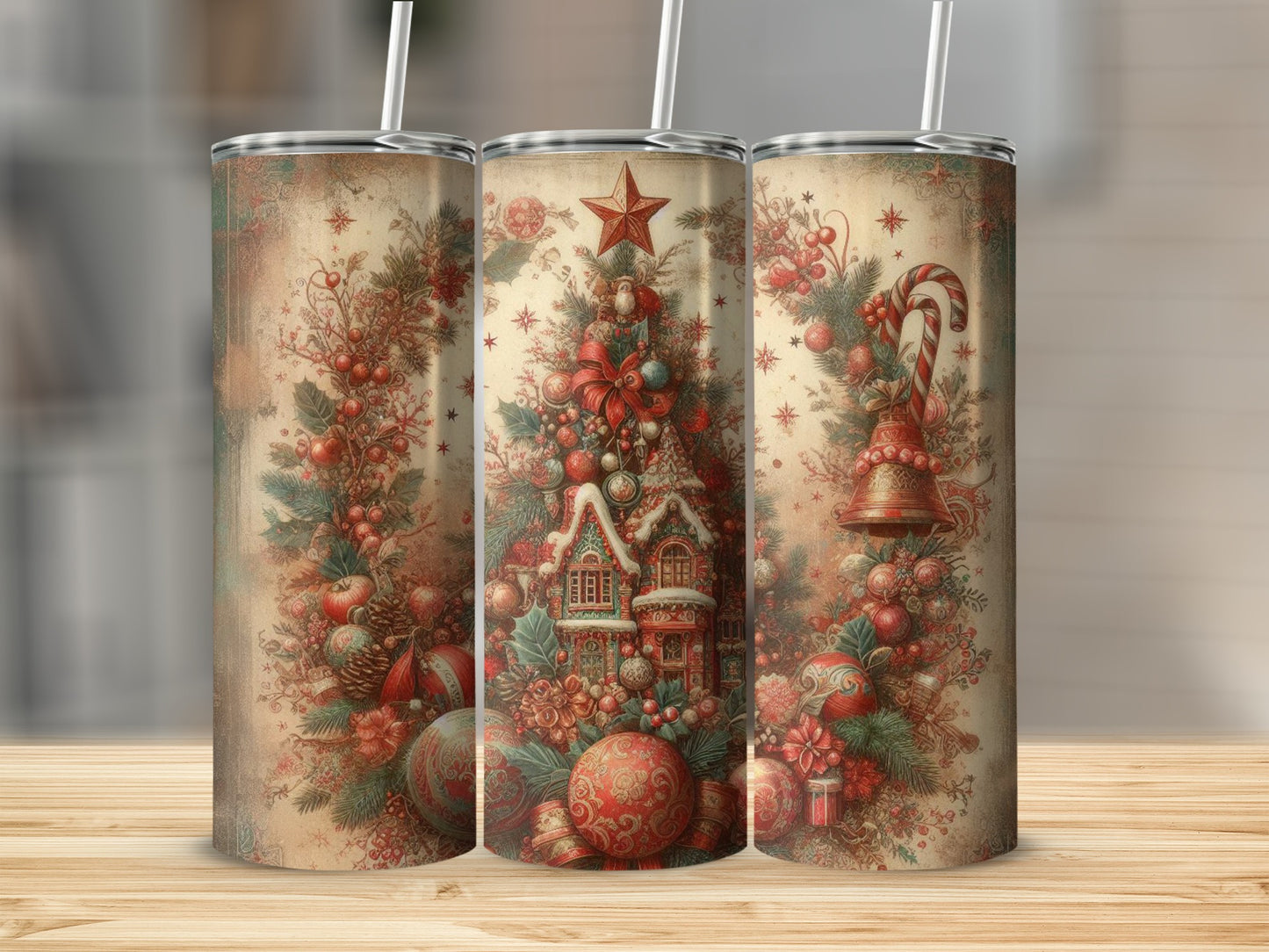 Three tumblers with vintage Christmas tree, ornaments, and candy cane designs.