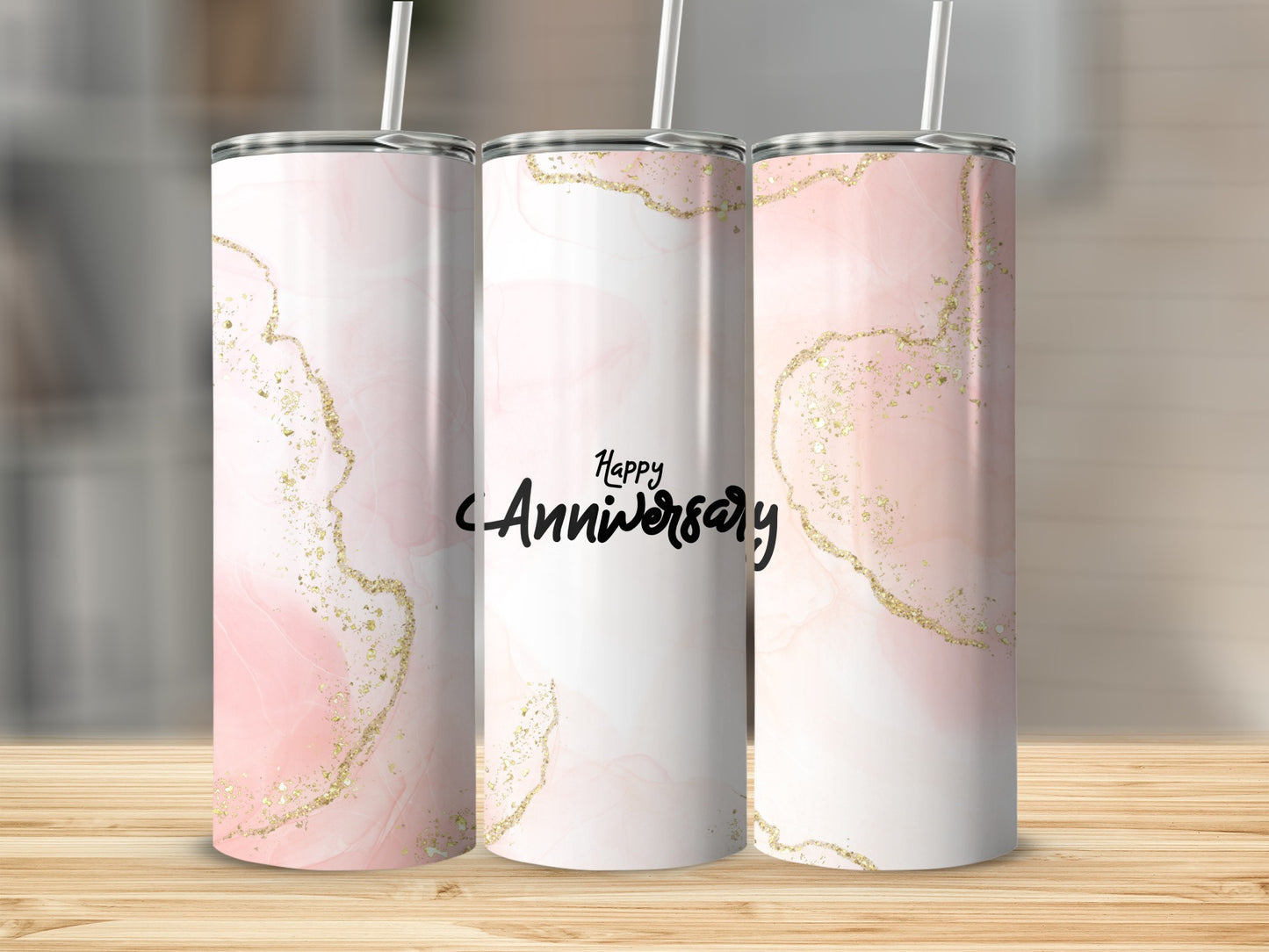 Three tumblers with pink marble and gold glitter design, "Happy Anniversary" text.
