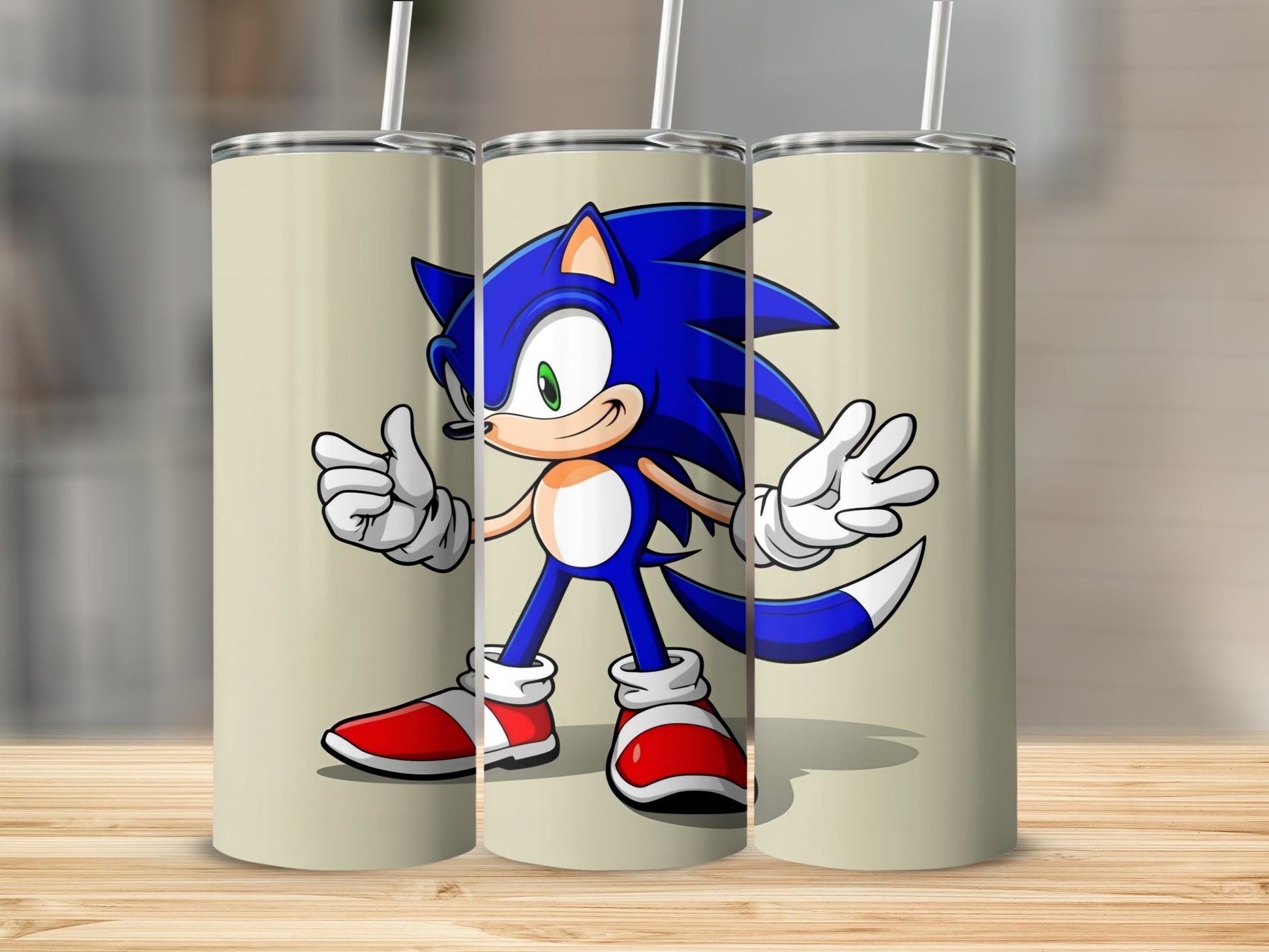 Sonic the Hedgehog giving a thumbs up, printed on three tumblers.