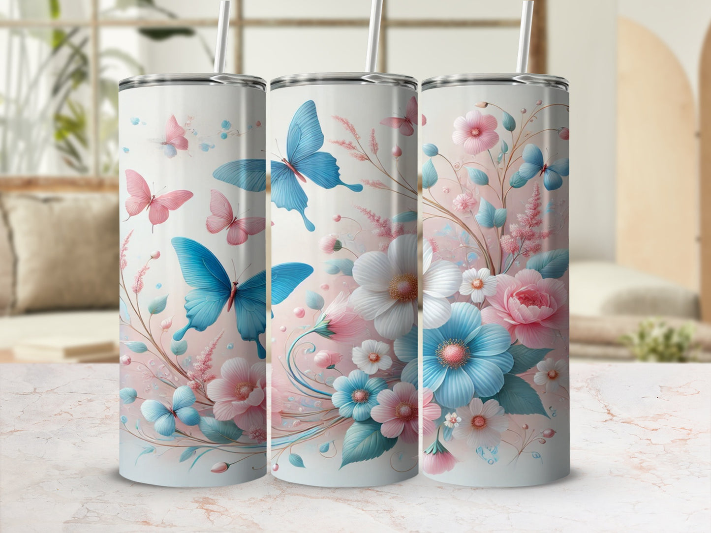 Beautiful Blue and Pink Butterflies and Flowers Product