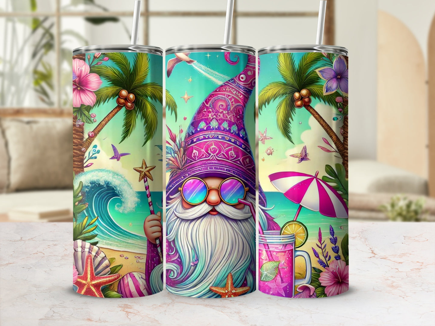 Beach gnome with sunglasses, holding a star wand, with ocean and palm trees.