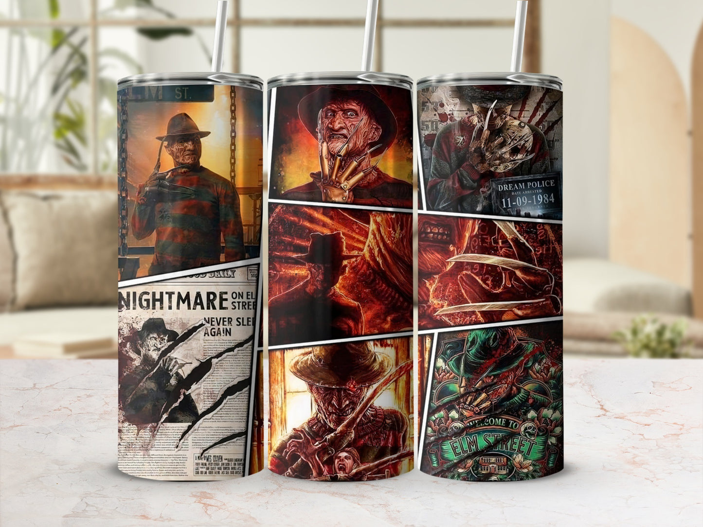 Freddy Krueger collage on three tumblers, one with "Nightmare Street" newspaper.