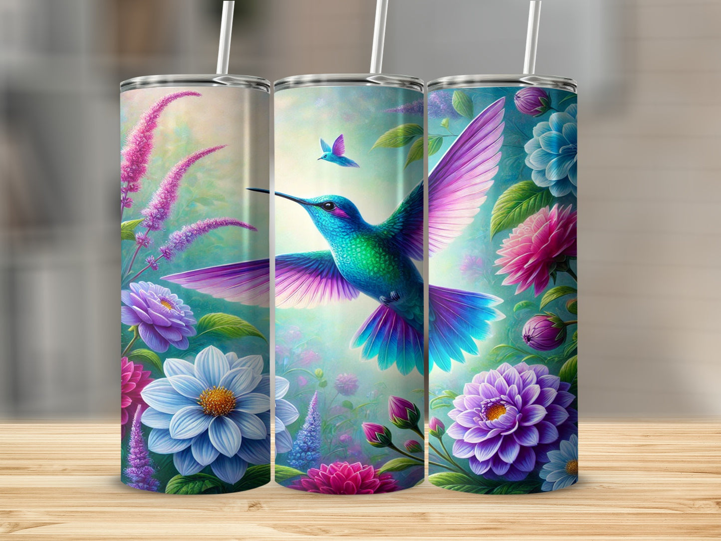 Colorful Hummingbird and Floral Design Tumbler