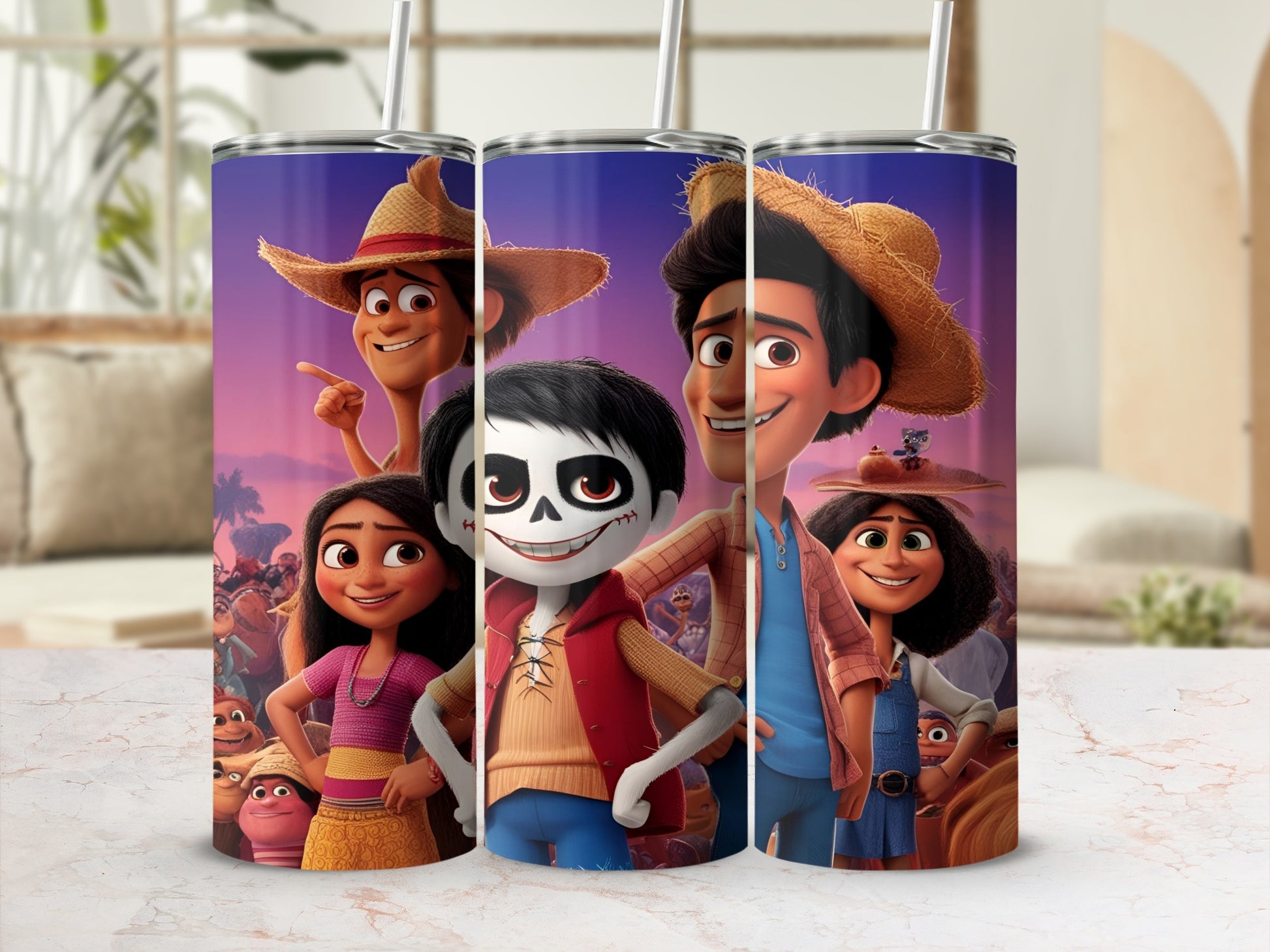 Three animated characters from a movie stand in front of a colorful background.