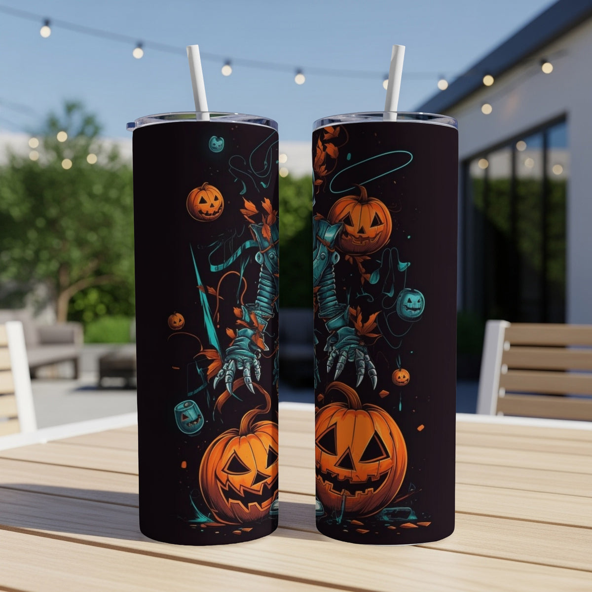 Two Halloween-themed tumblers with jack-o'-lanterns and a skeletal robot design.