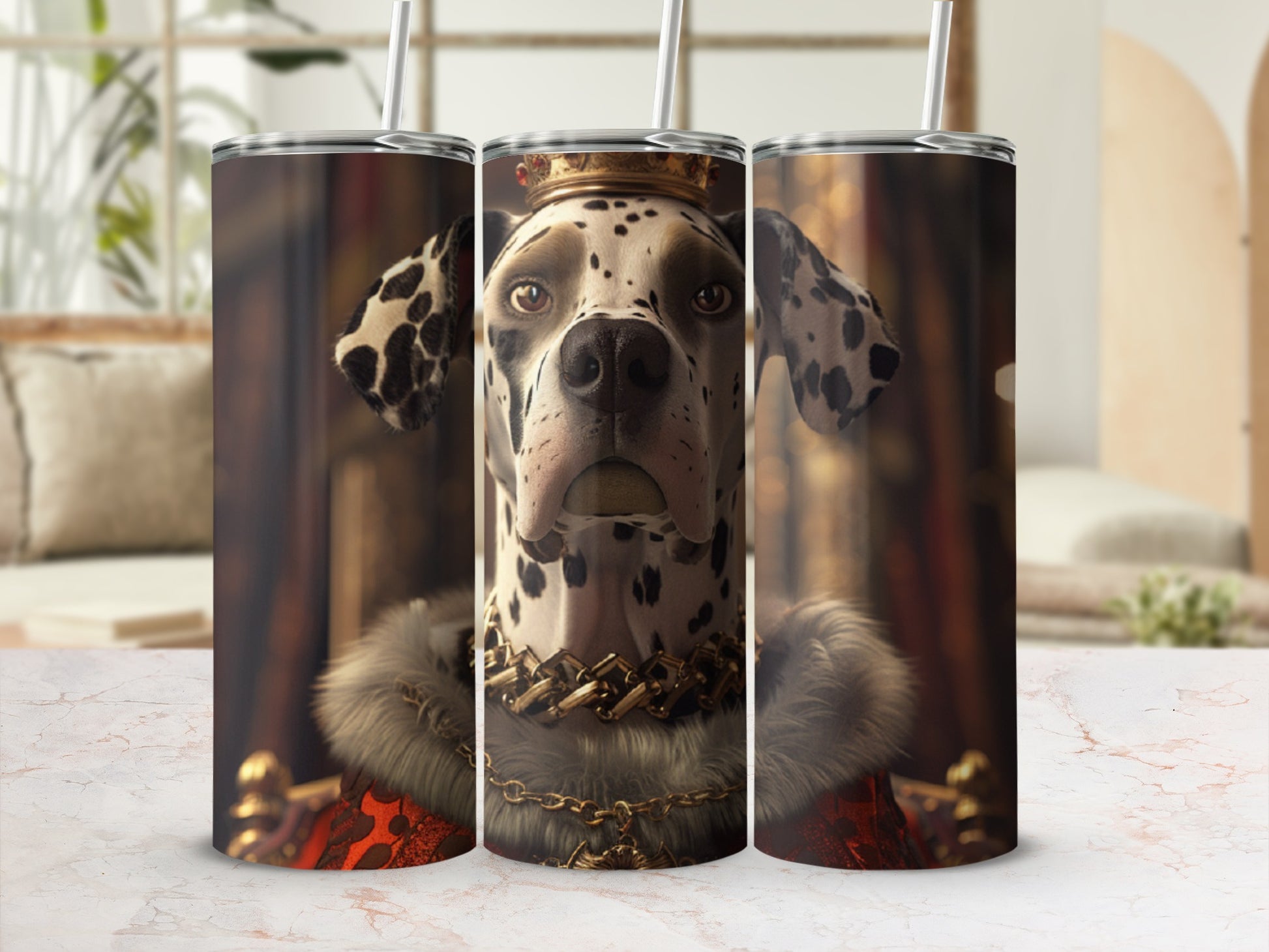 Dalmatian dog wearing a crown and royal fur collar.