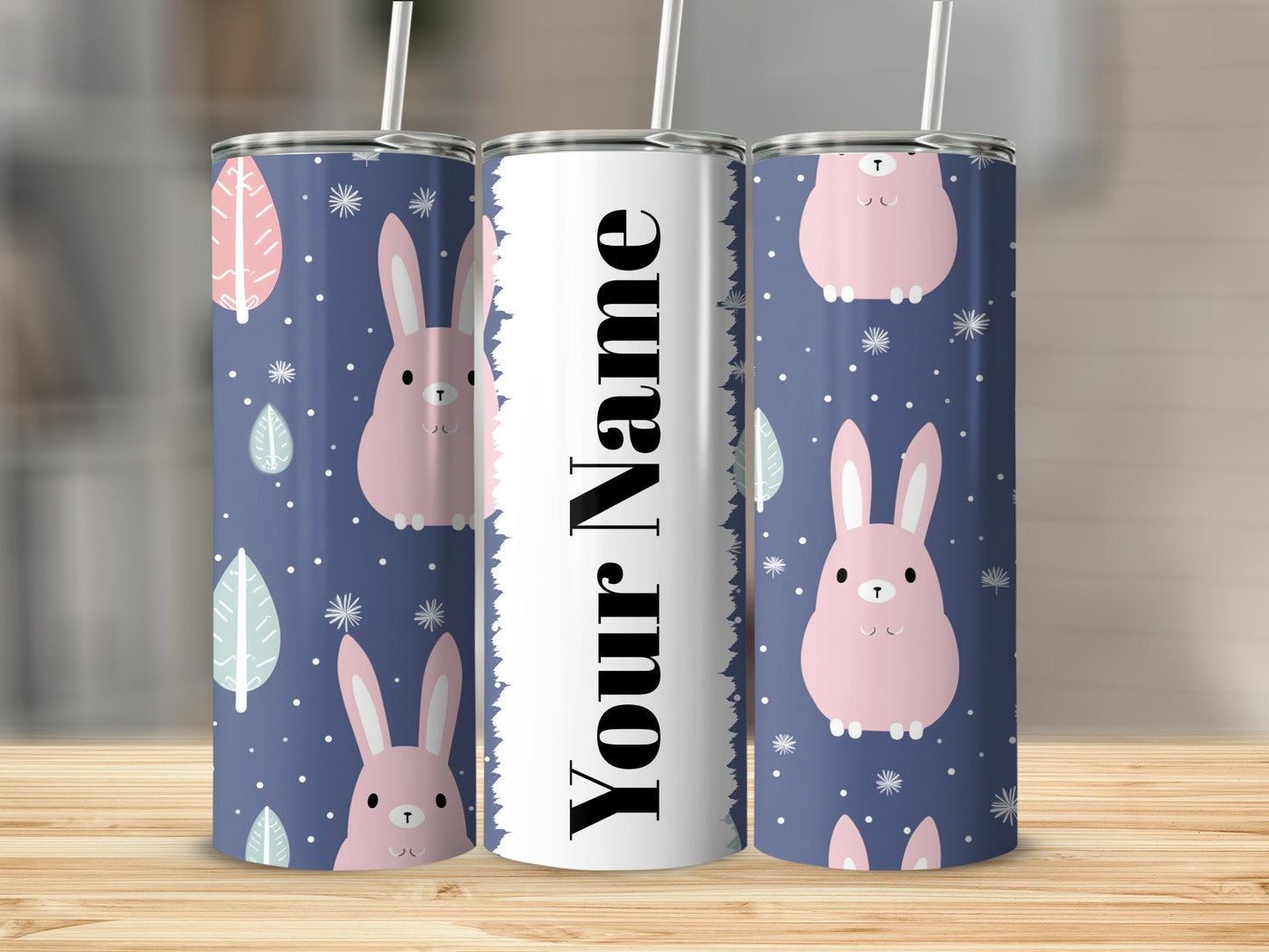 Personalized Pink Bunny Print with Custom Name Tumbler