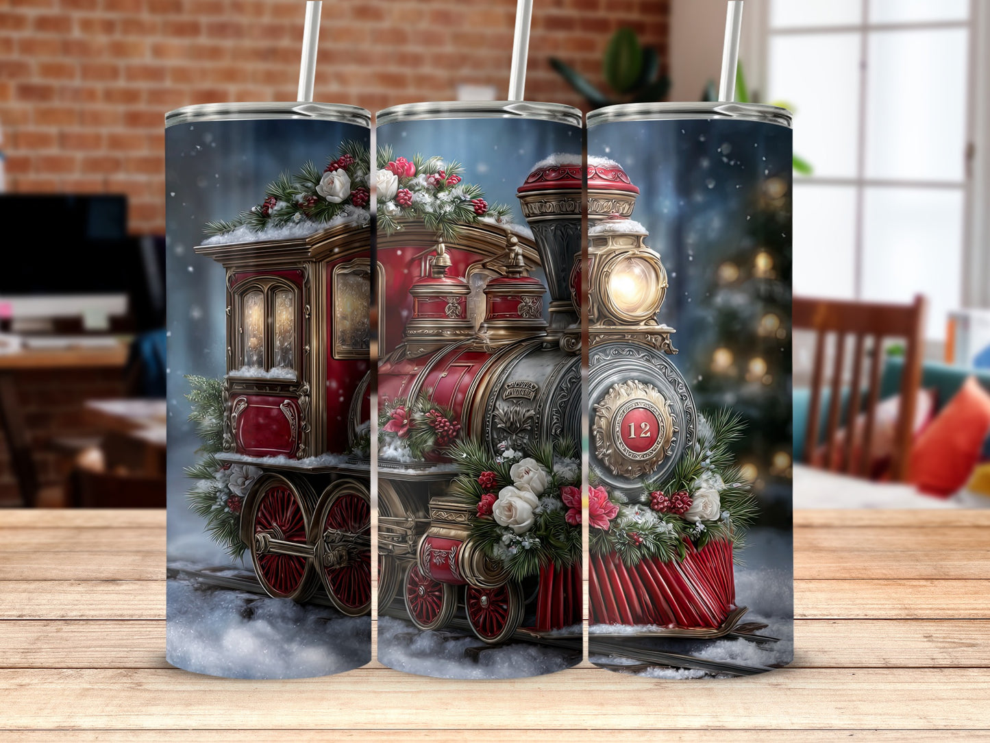 Vintage Christmas Steam Engine Tumbler with Festive Details