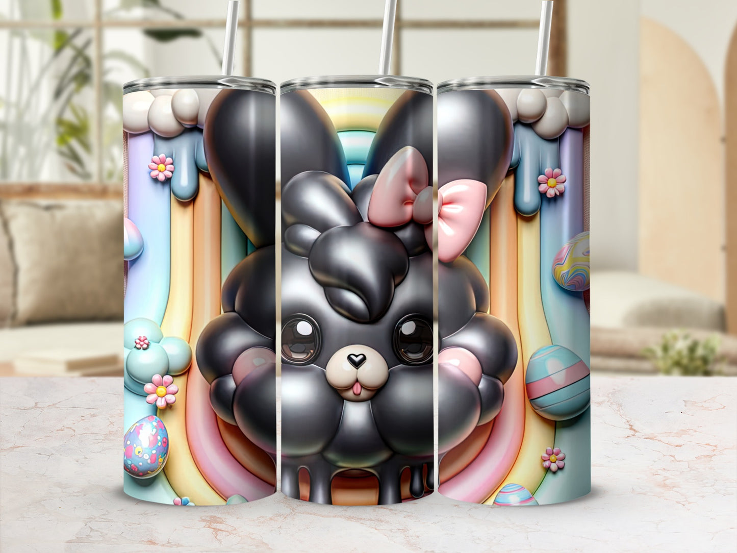 Black bunny with pink bow and rainbow, surrounded by Easter eggs.