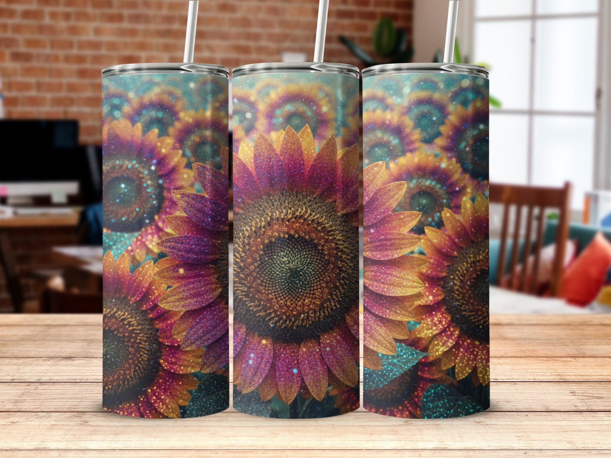 Colorful Glitter Sunflower Design Tumbler Cup