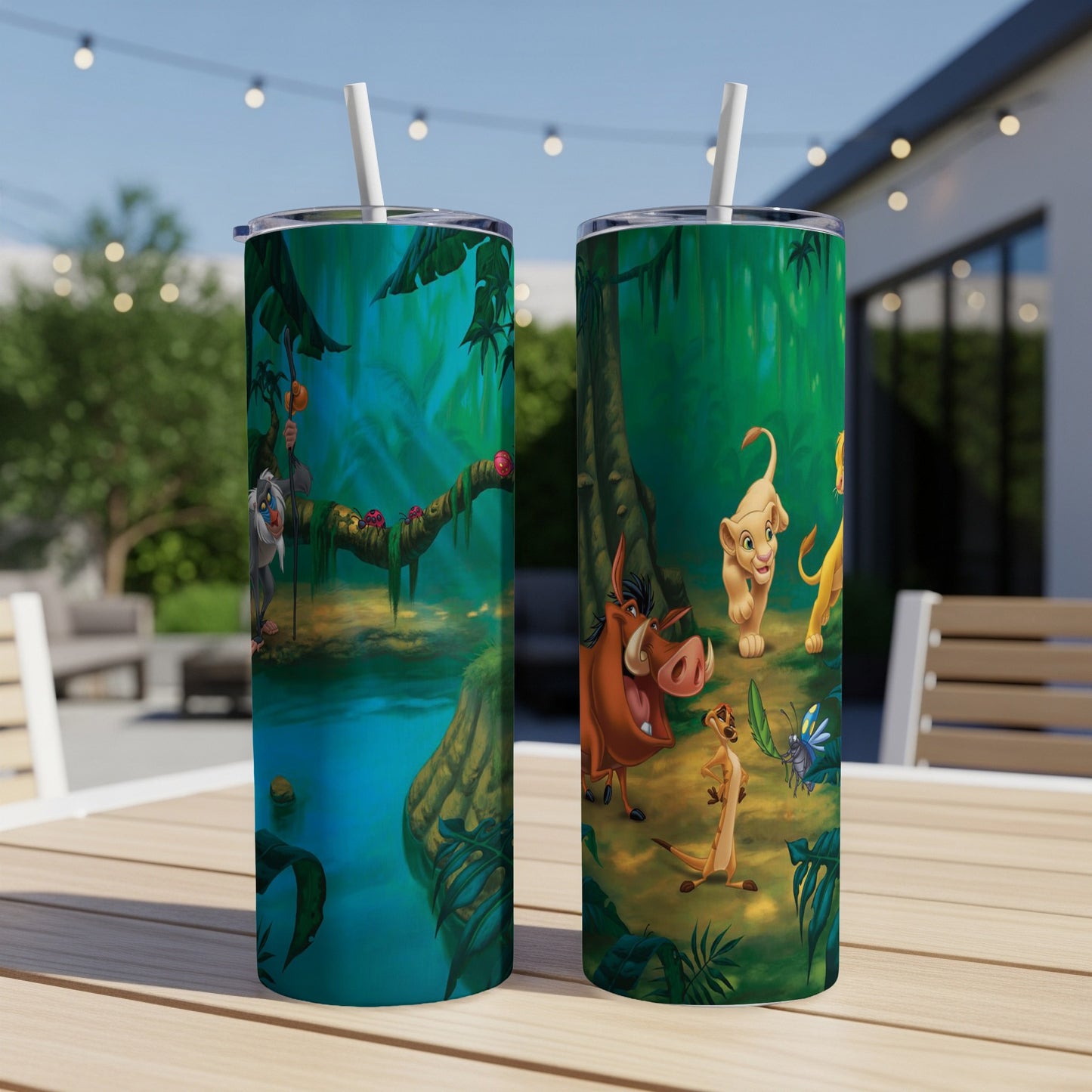 The Lion King characters Pumbaa, Timon, and Simba on a jungle background.