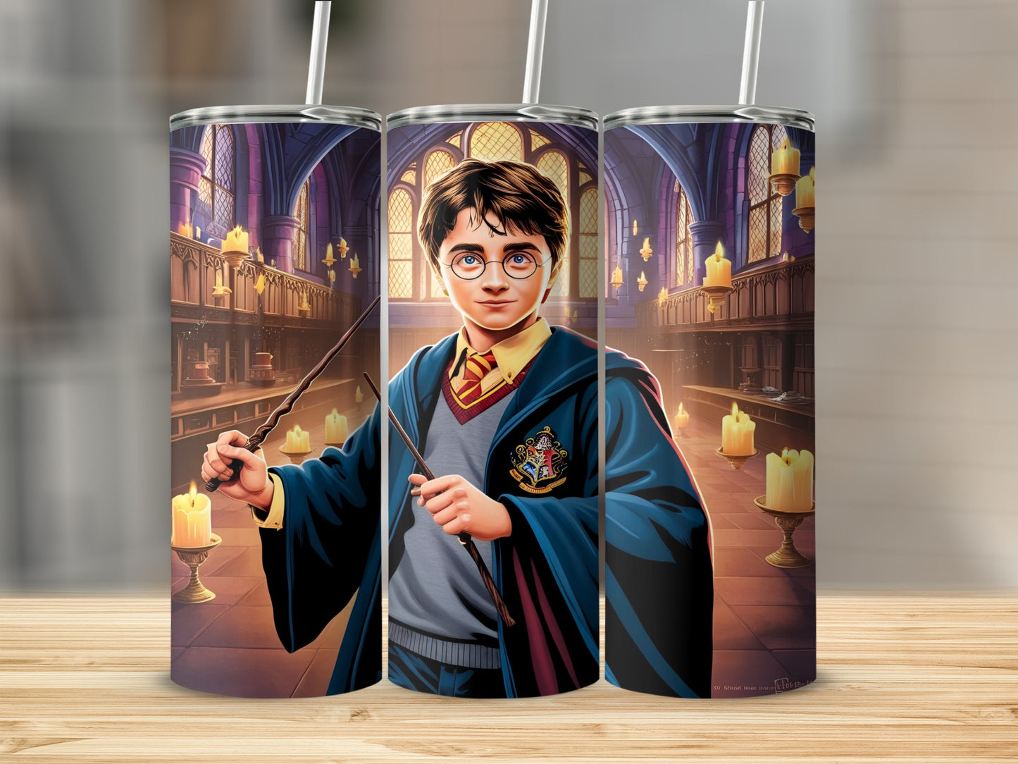 Harry Potter holding a wand in a candlelit Hogwarts hall.