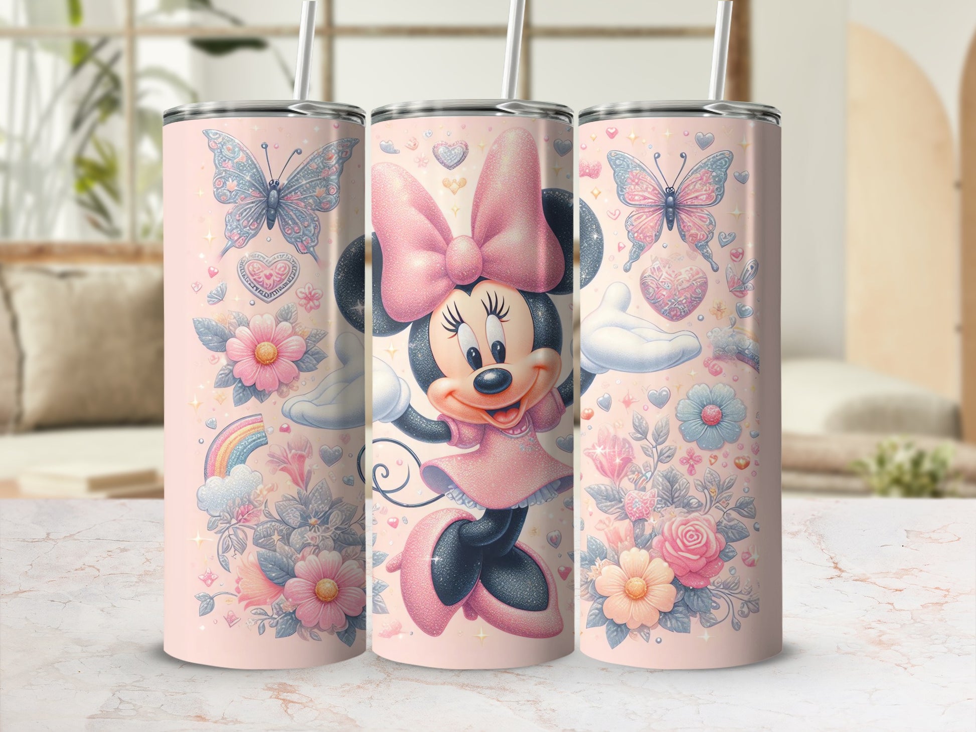 Pink Floral Minnie Mouse Tumbler with Butterflies Design