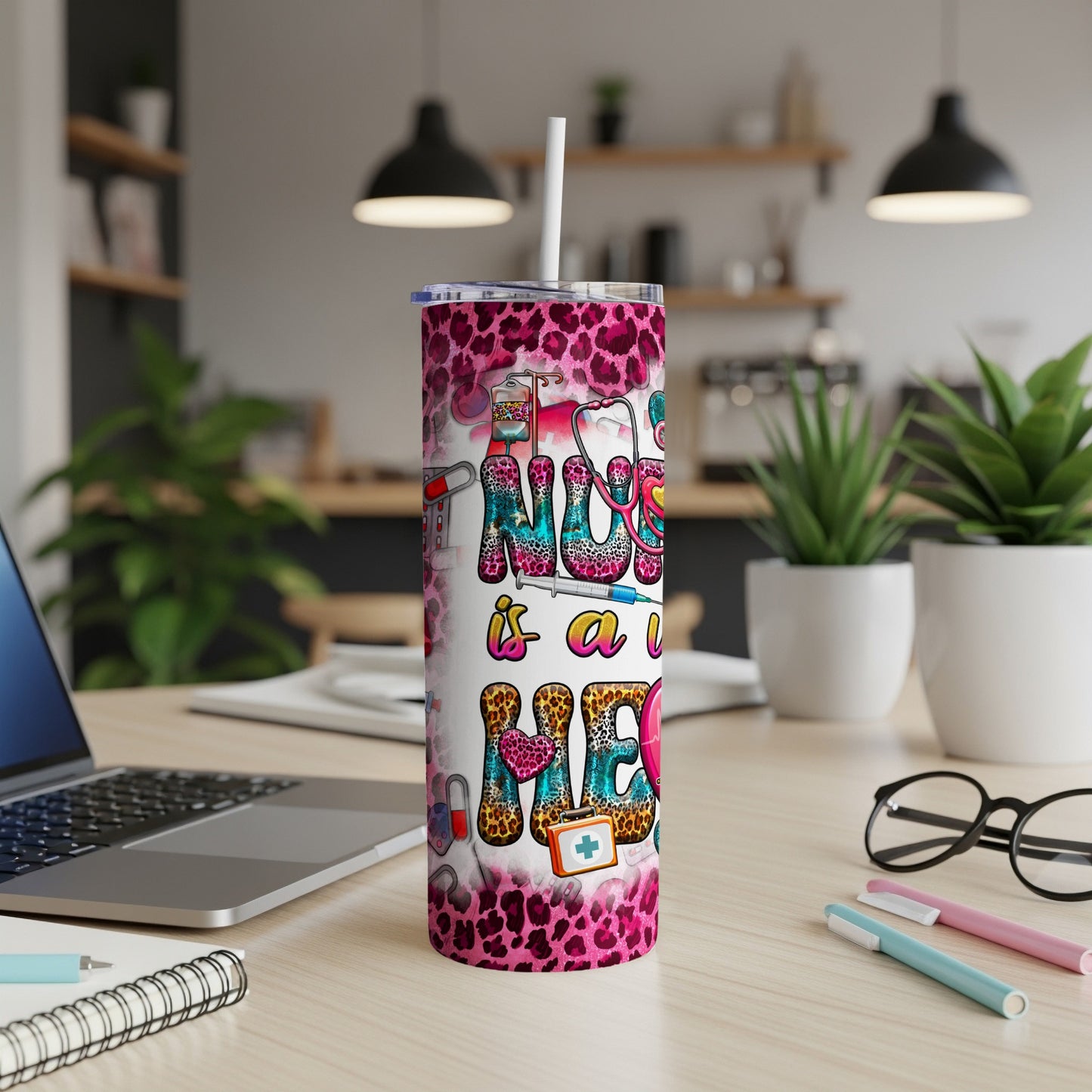 Nurse leopard print skinny tumbler with stethoscope and heart design.