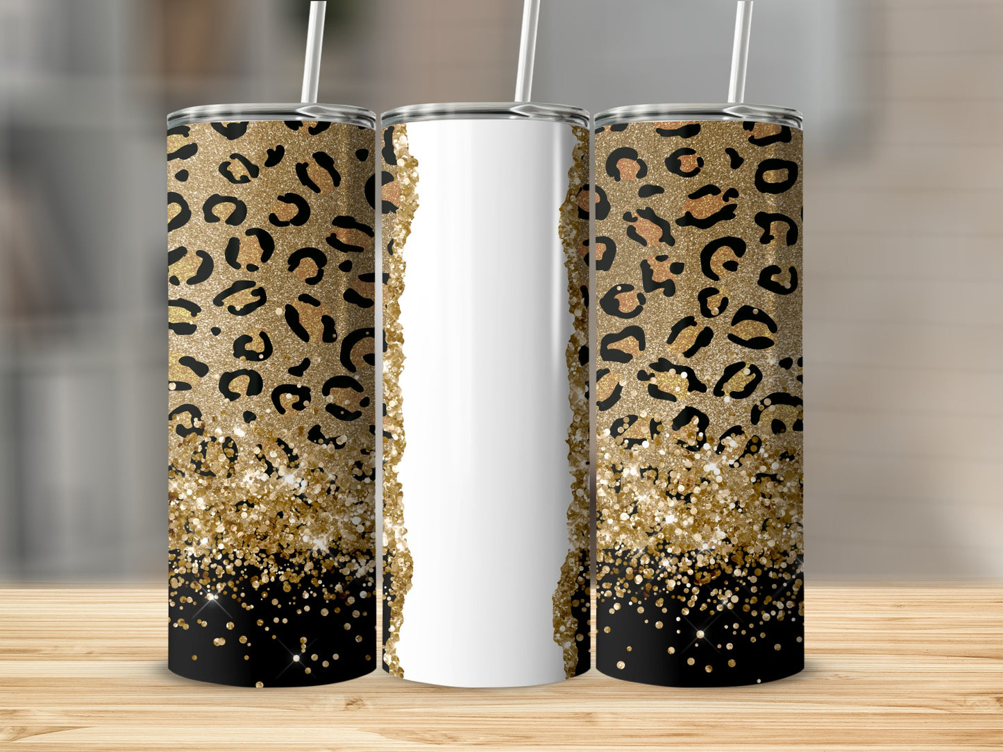 Three tumblers with leopard print and gold glitter design.