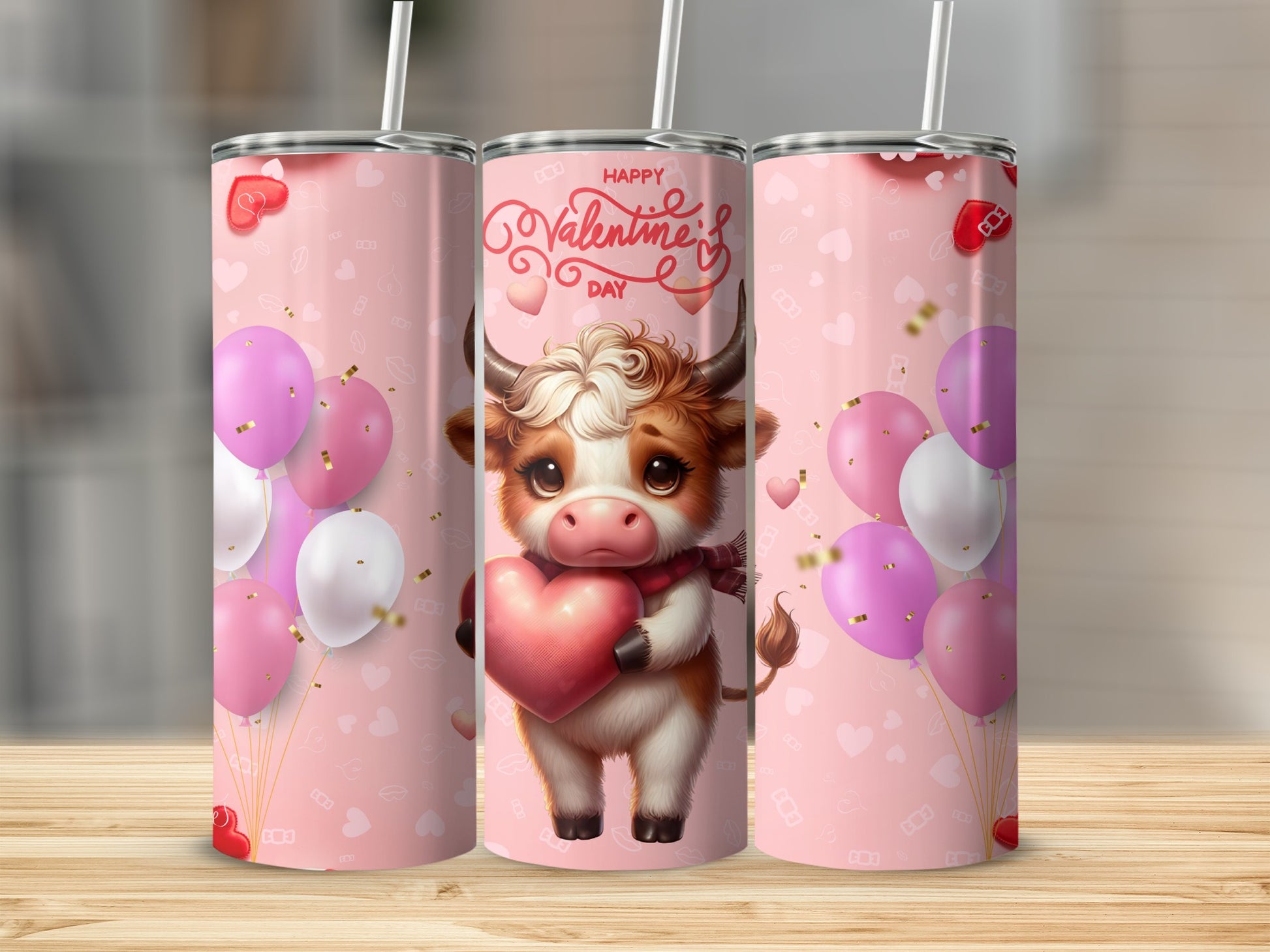 Happy Valentine's Day Cow with Balloons Tumbler