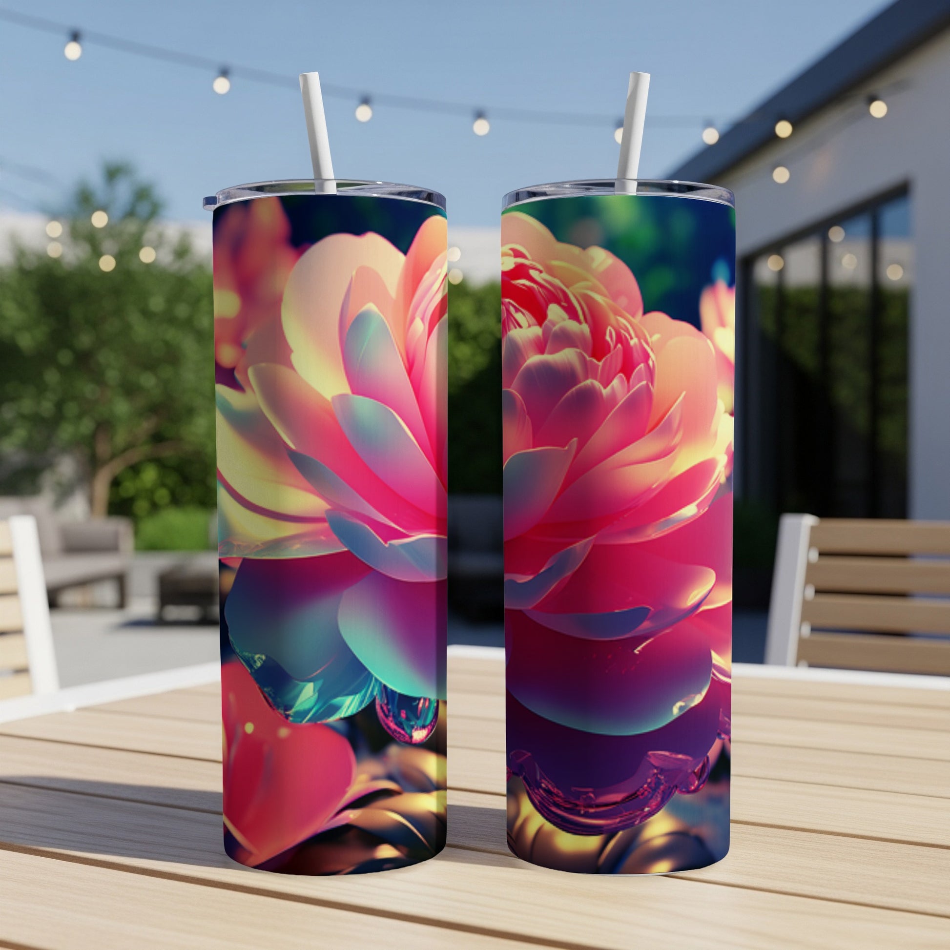 Two tumblers with vibrant pink and yellow peony flower design, on a table.