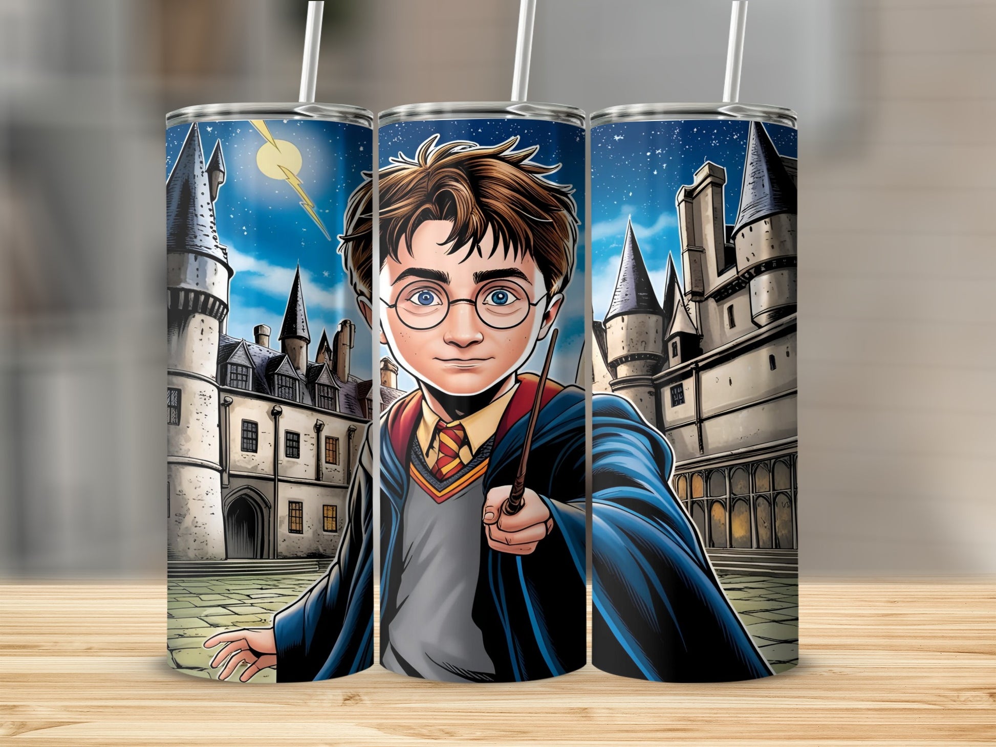 Harry Potter with wand in front of Hogwarts castle under night sky.