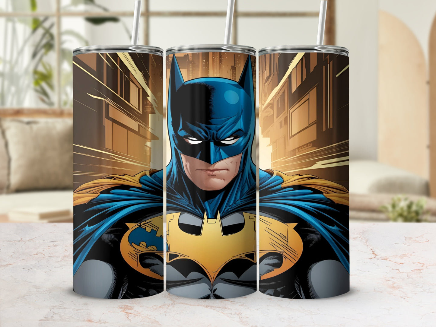 Batman tumbler with a cityscape background and a straw.