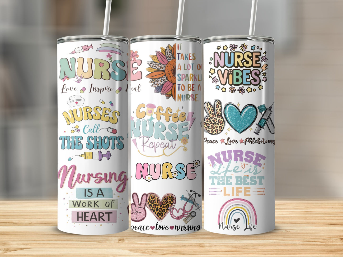 Three nurse-themed tumblers with colorful designs, hearts, and inspirational text.