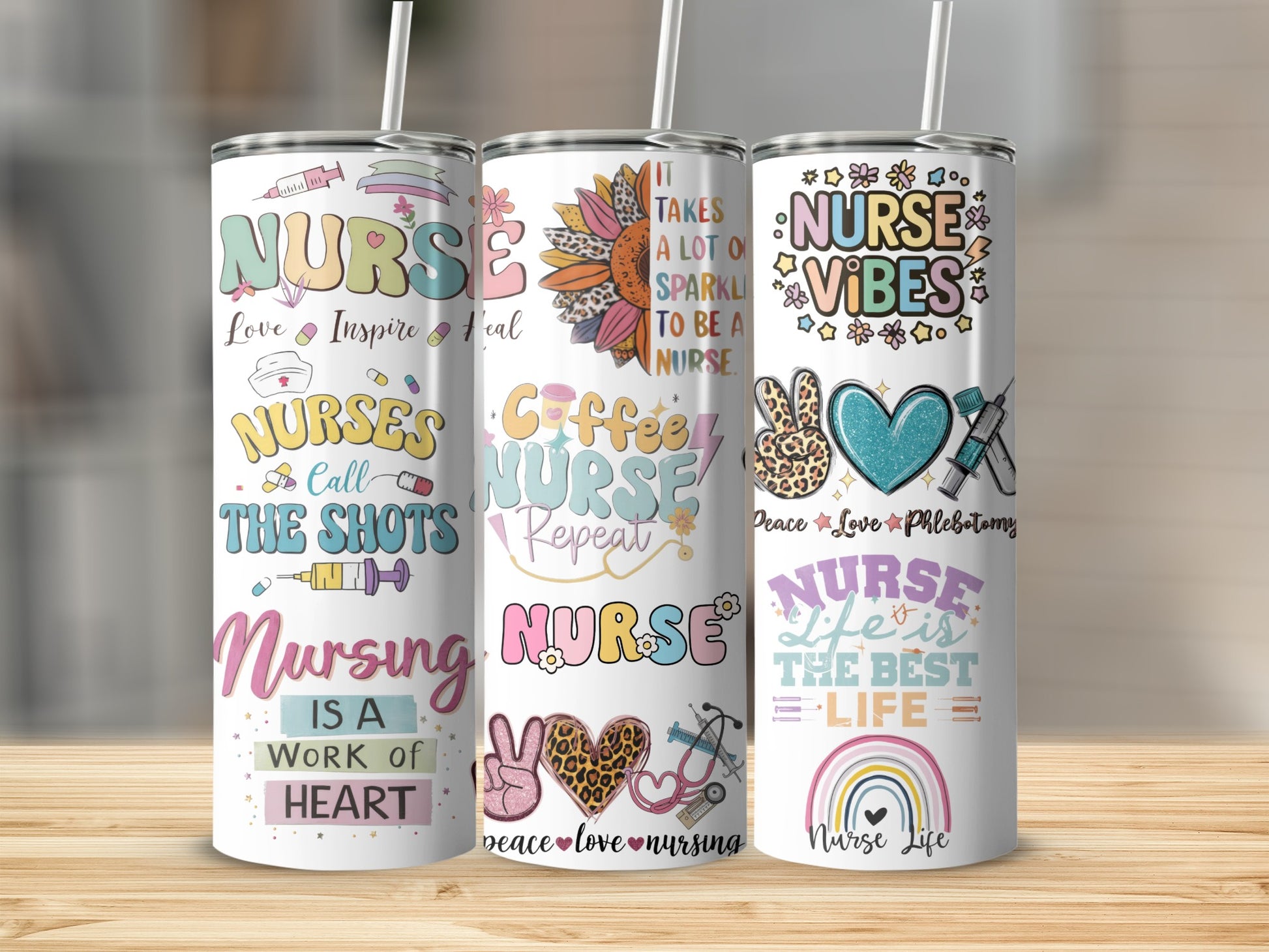 Three nurse-themed tumblers with colorful designs, hearts, and inspirational text.