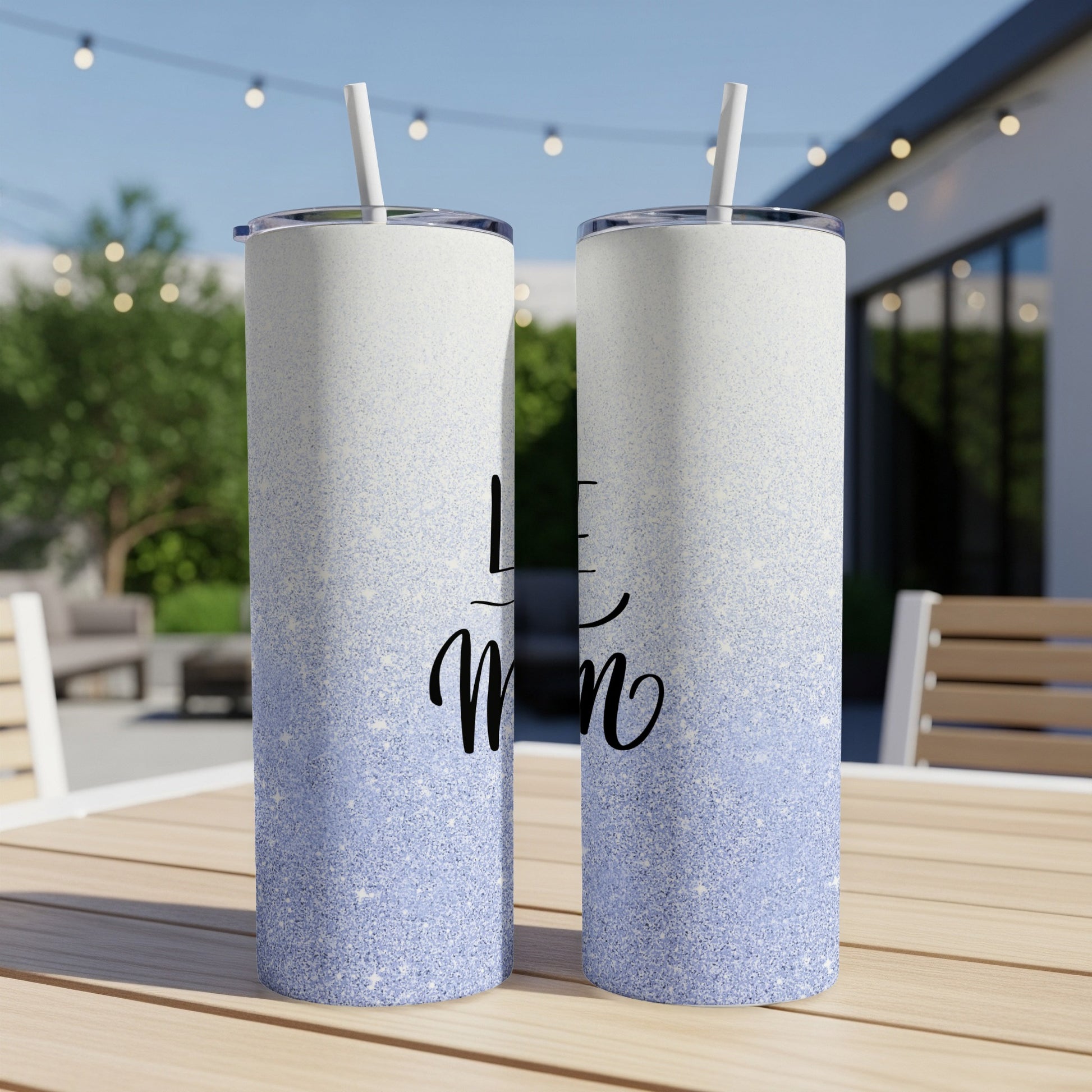 Two tall tumblers with glitter gradient and "Life is better with Mom" text.