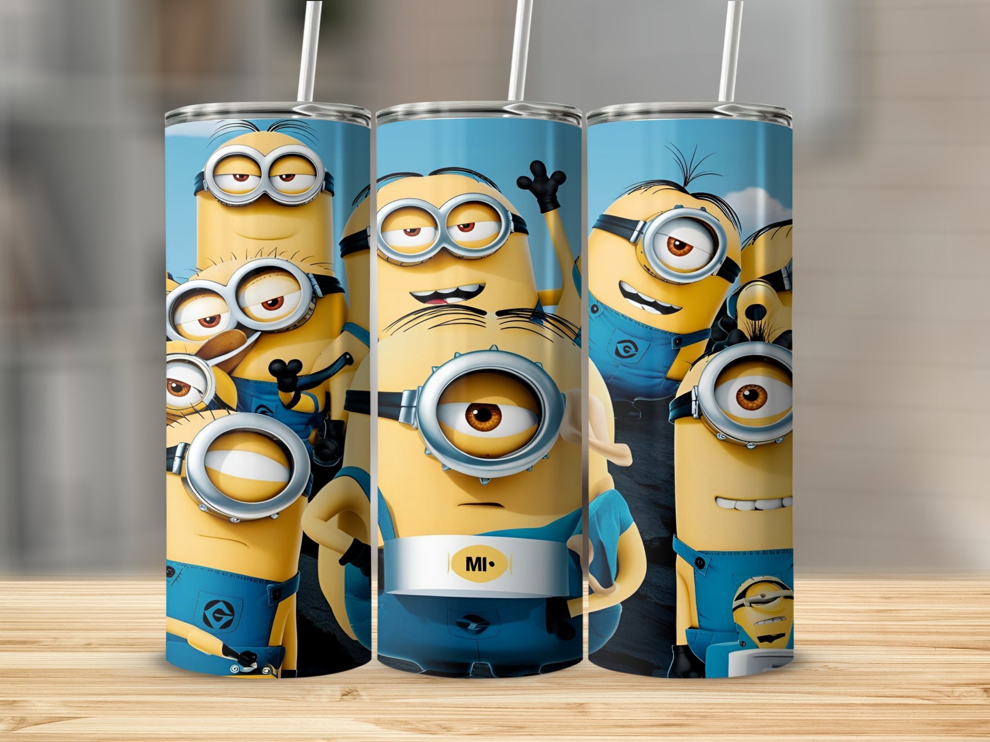 Group of Minions characters on a blue background with white straws.